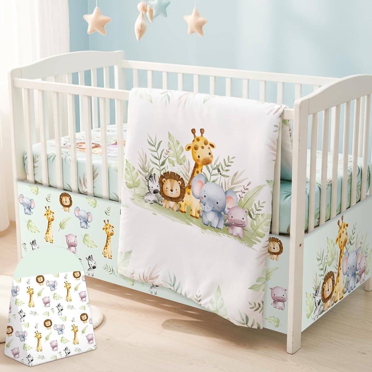 Hahafelt 4 Pieces Baby Crib Bedding Set for Girls and Boys, Soft Baby Bedding Set Including Crib Skirt, Comforter, Sheet and Diaper Stacker for Nursery (Wildlife Theme)