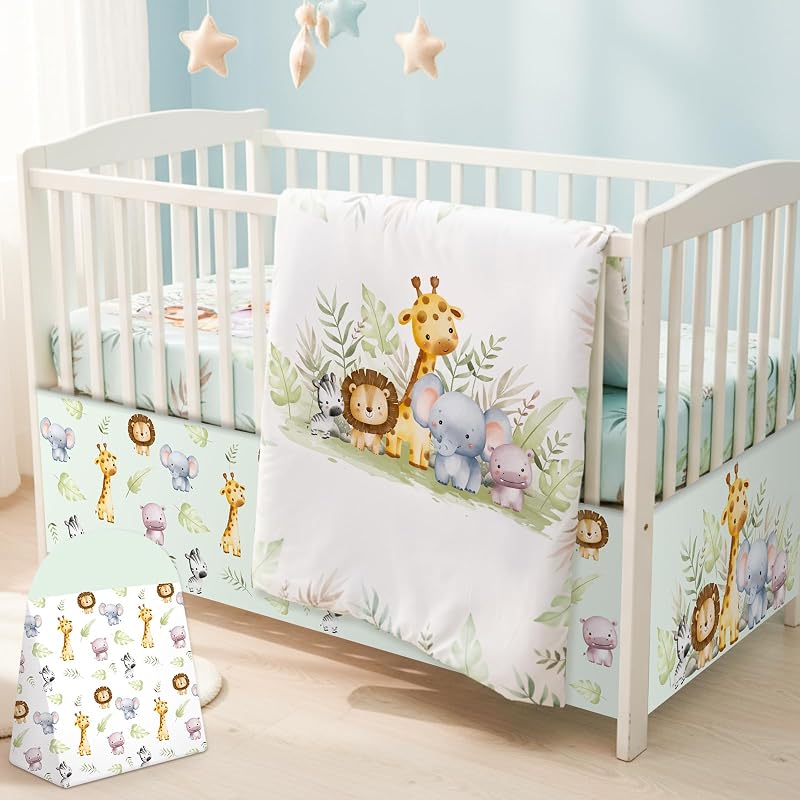 Hahafelt 4 Pieces Baby Crib Bedding Set for Girls and Boys, Soft Baby Bedding Set Including Crib Skirt, Comforter, Sheet and Diaper Stacker for Nursery (Wildlife Theme)