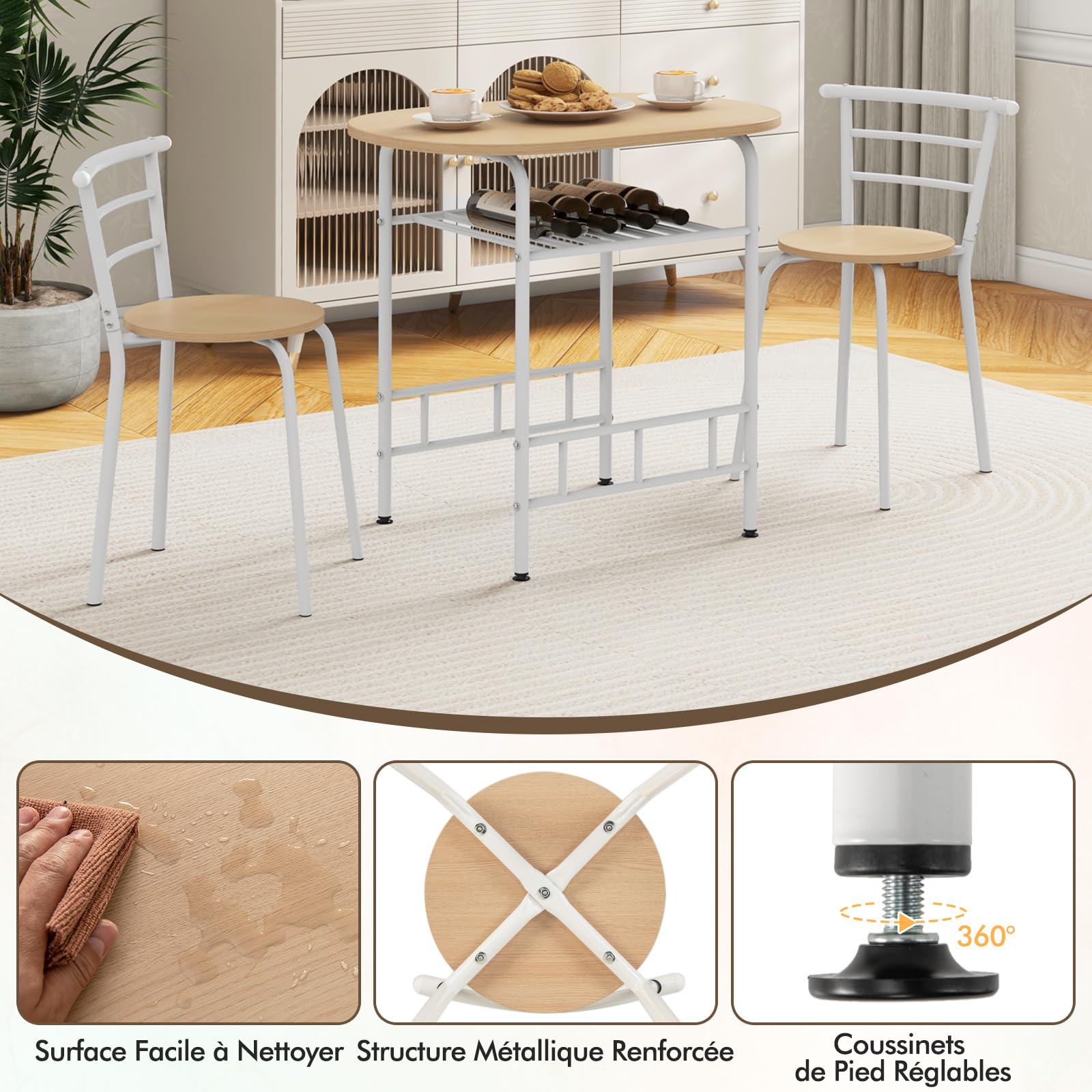 COSTWAY Table de Cuisine avec Chaise pour 2 Personnes, Table Cuisine Petit Espace avec Porte-Bouteilles, Table à Manger Ronde Cadre en Métal pour Bistro, Jardin, Balcon (Naturel)