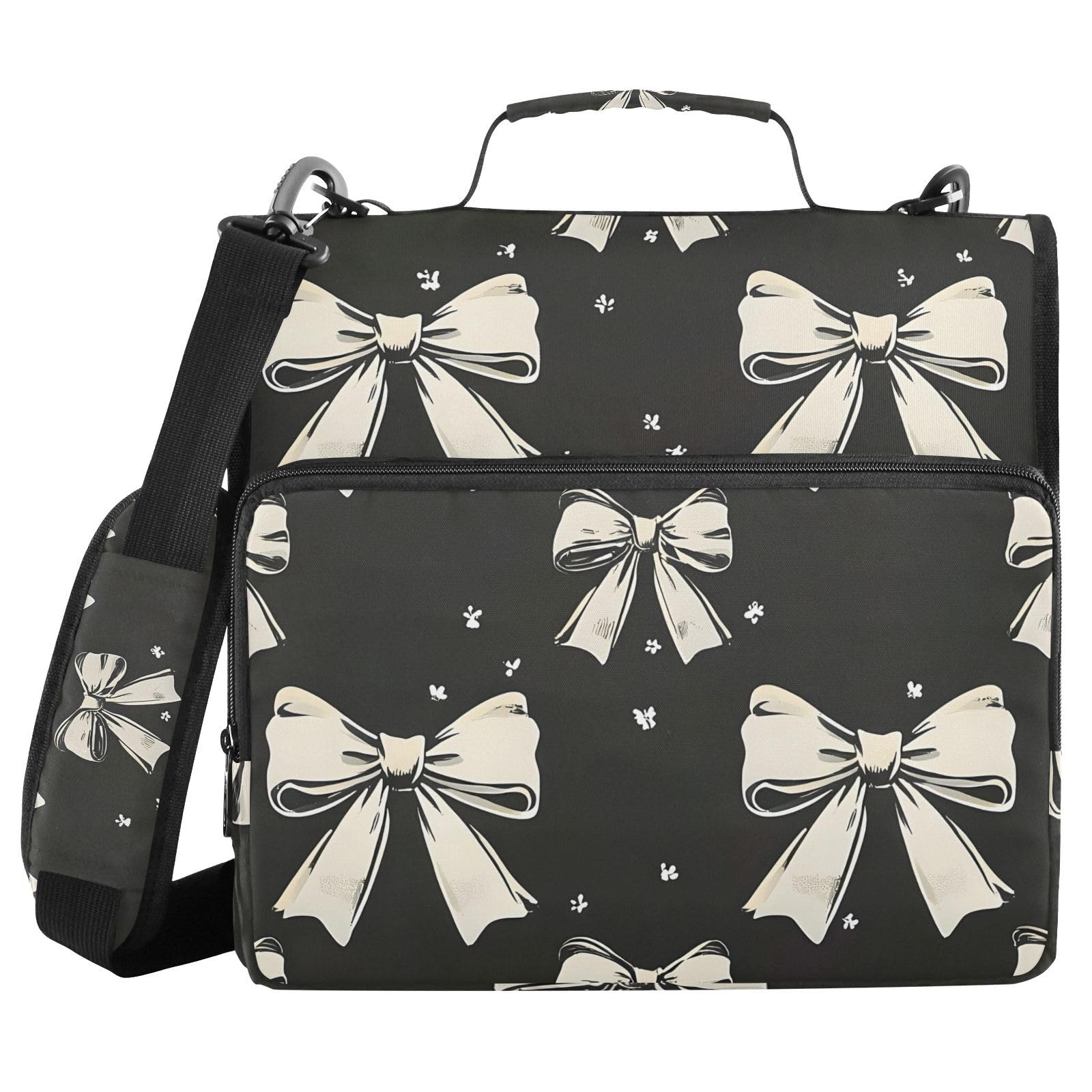 3 Ring Zipper Binder with Shoulder Strap Black White Bow 1.5 inch Binders Keeper Large Capacity Multi Pockets for School Office Supplies