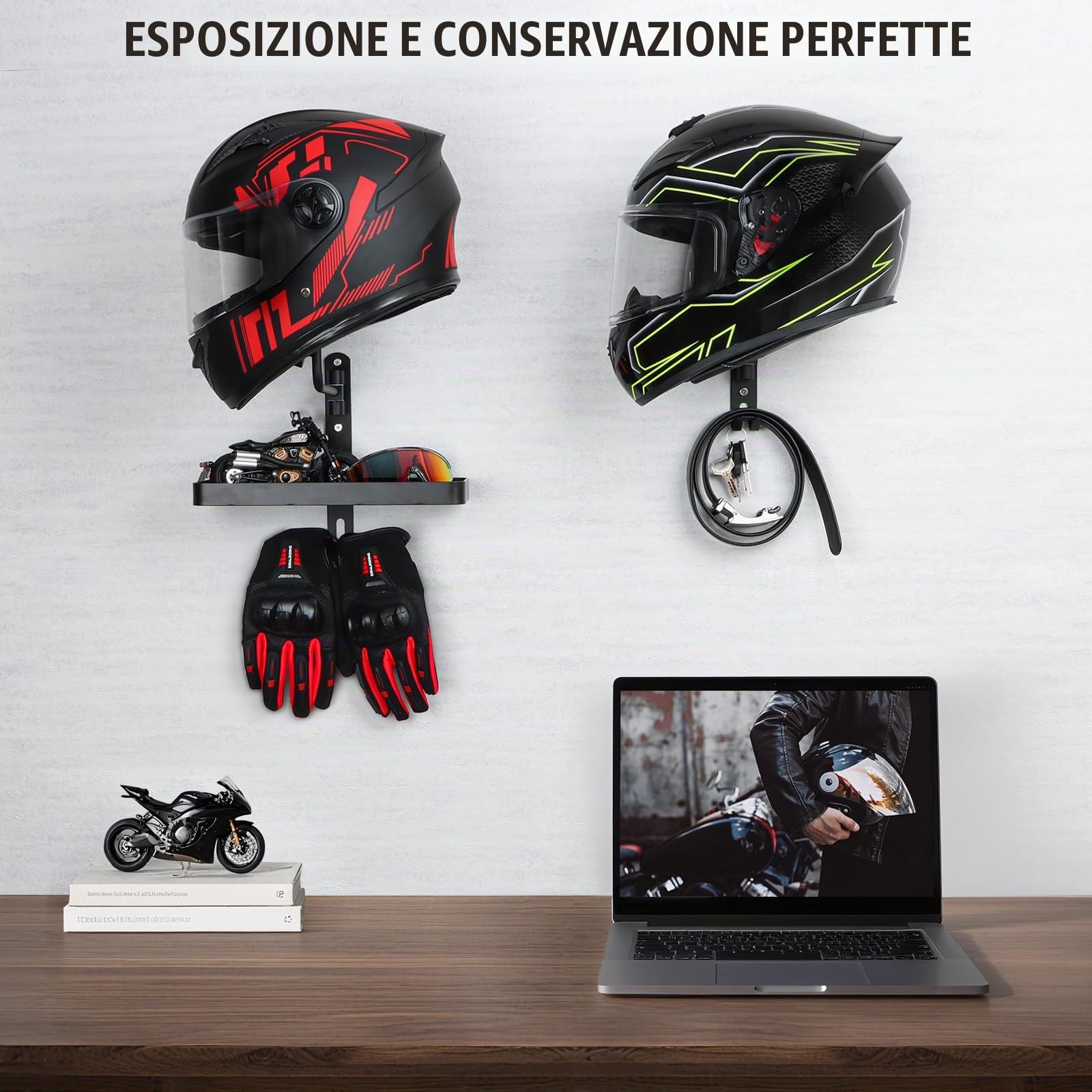 PUERSI Portacasco a Parete, Design Girevole a 180 Gradi, Supporto per Casco per Biciclette da Corsa in Moto con Gancio per Appendere Abbigliamento Sportivo, Giacca, Chiavi