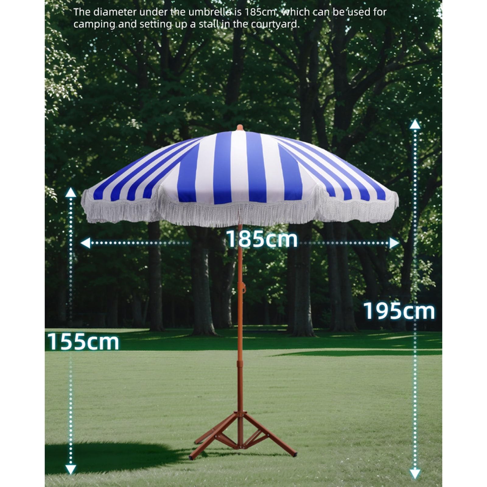 Niebiesko-zielono-różowy, Trójkolorowy, Wiatroszczelny Parasol Kempingowy, 8-żebrowy, Parasol Ogrodowy I Plażowy, Z Frędzlami
