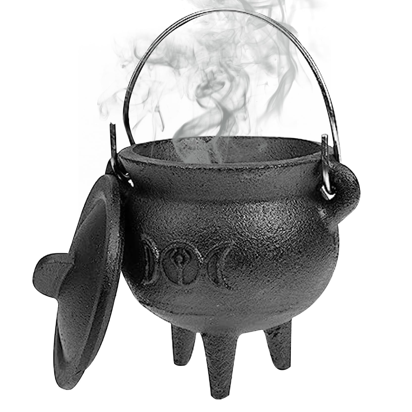 Pineeseatile Cast Iron Cauldron with Lid and Handle Halloween for Decorative Candle Incense Burning, Moon, 3.94x2.95x2.95 Inch