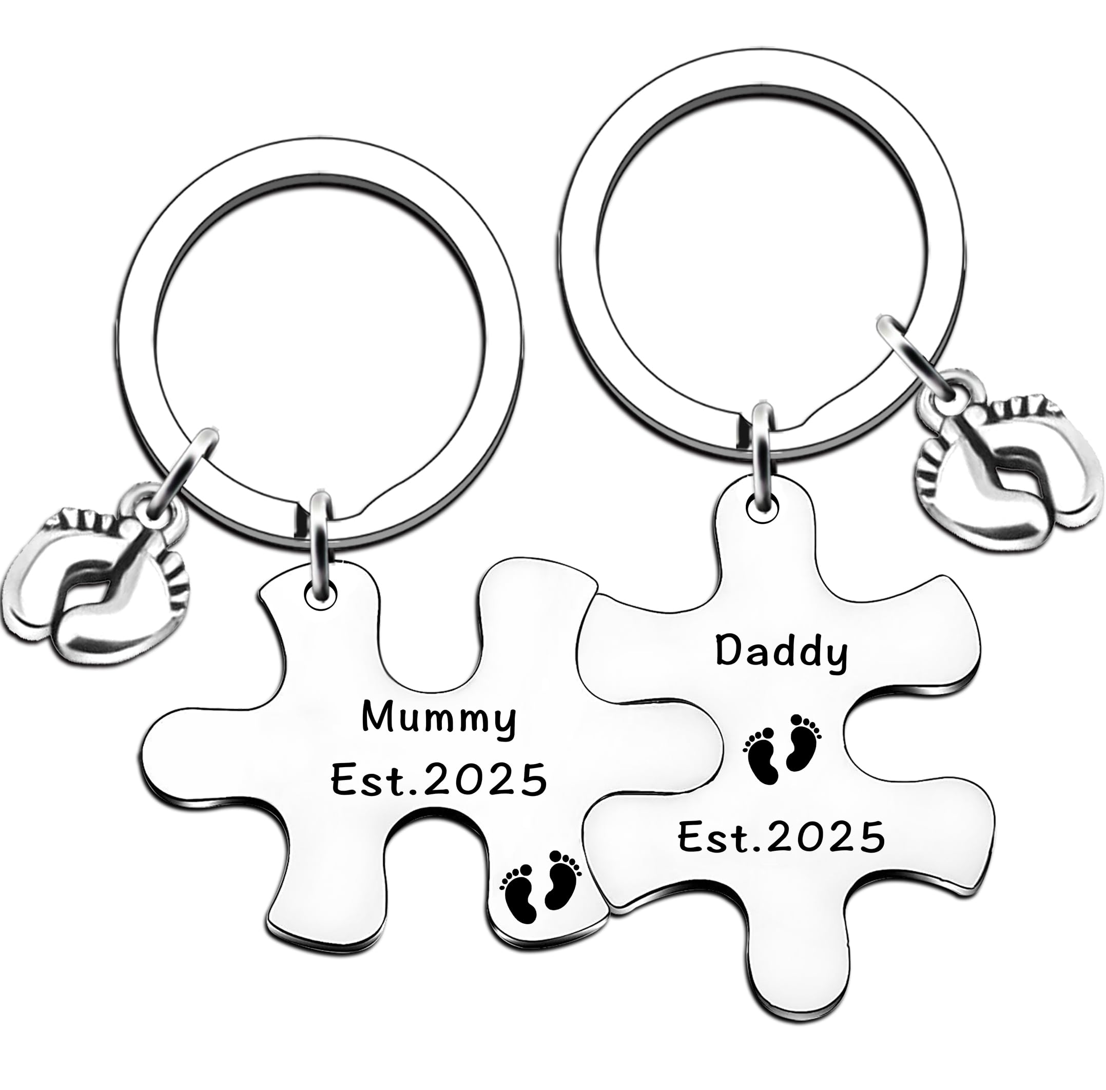 JMIMO New Parents Keyrings Pregnancy Announcement Gifts First Time Dad Gifts New Mum Keychain Mummy and Daddy Est 2025 Keyring Set
