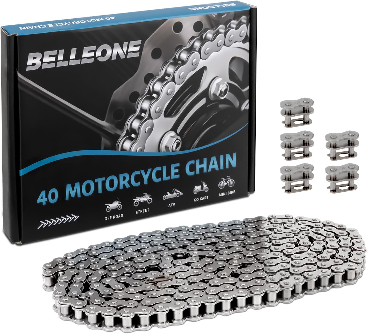 Belleone #40 Roller Chain - 10 Feet #40 Chain with 5 Connecting Links for Go Karts, Mini Bikes, Scooters, Motorcycles, Bycicles, ATV, MTV, Dirt Bike and Other Industrial Machinery - 240 Links