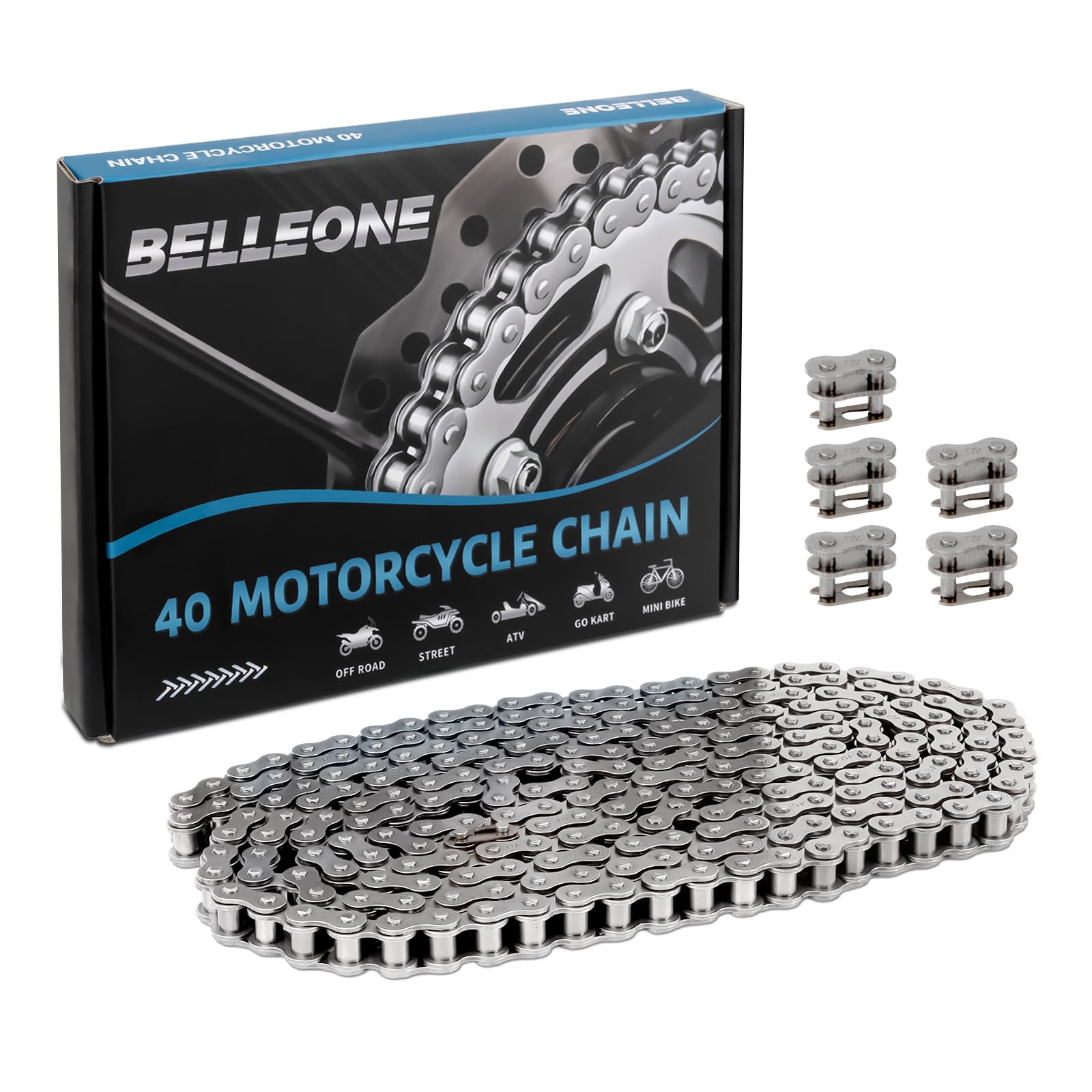 Belleone #40 Roller Chain - 10 Feet #40 Chain with 5 Connecting Links for Go Karts, Mini Bikes, Scooters, Motorcycles, Bycicles, ATV, MTV, Dirt Bike and Other Industrial Machinery - 240 Links