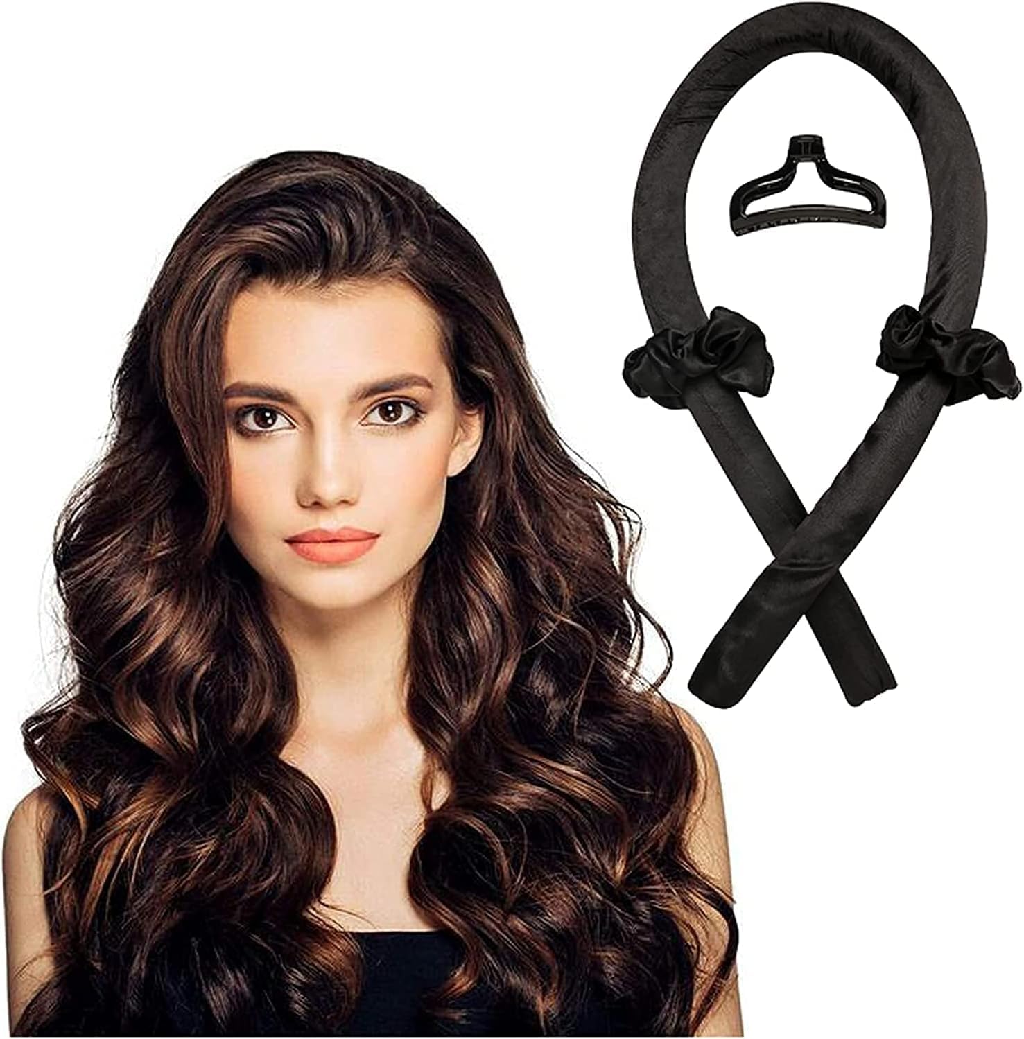 Premify Heatless Hair Curlers for Medium & Long Hair - Hair Curler, Heat Silk Curls Headband, Scrunchies and Hair Clip - Curling Rod, Hair Roller Ribbon for DIY, Hair Styling Tools Heatless (Black)