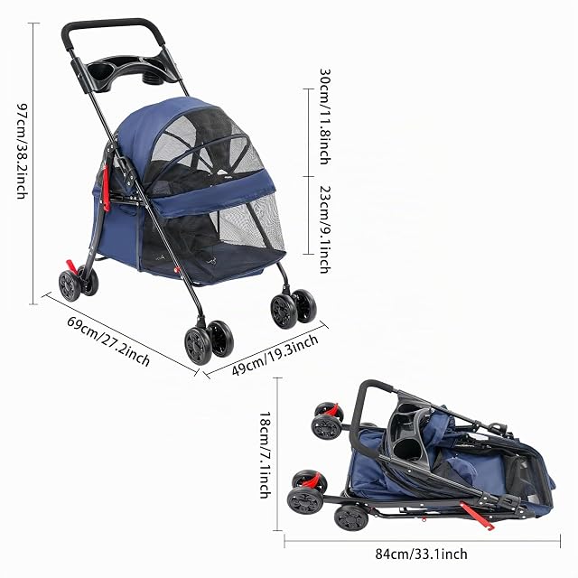Foto 3 de 8 de Carrito para mascotas con 4 ruedas, carrito plegable para perros y gatos, capacidad de carga de 40 libras
