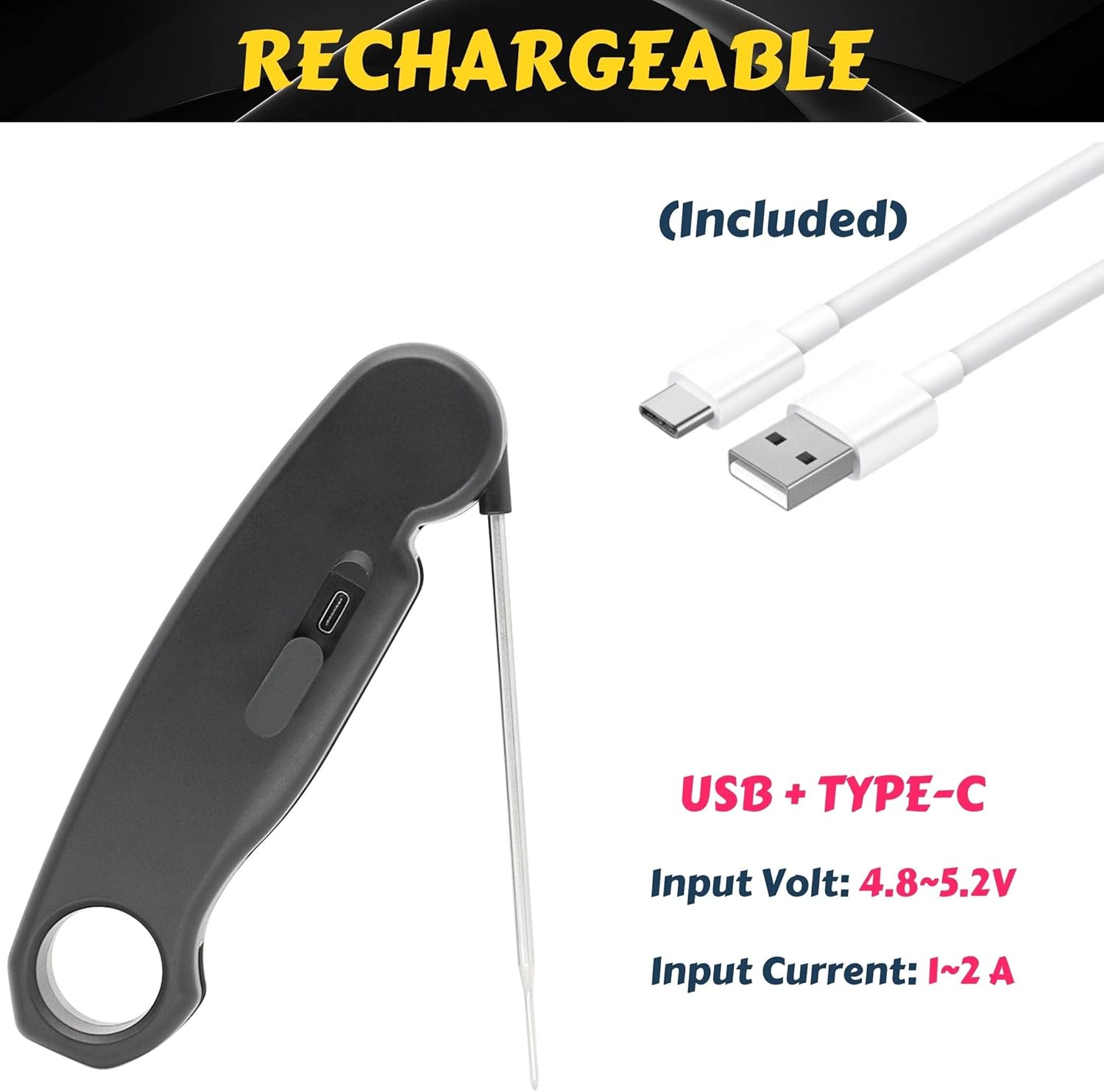 review Searon Meat Thermometer Digital Rechargeable - FT003 LED Display Instant Read Thermometer Kitchen Cooking Food Thermometer for Milk Candy Water Oil BBQ Grill Smoker Waterproof (Black)