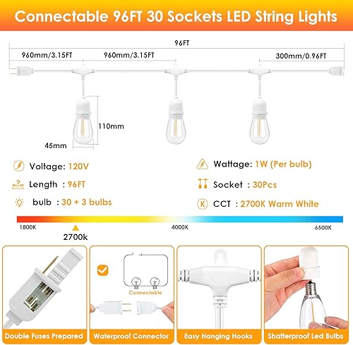 Miniatura 5 de Mlambert Luces de Cadena para Exteriores de Cable Blanco de 96 Pies con 30+3 Bombillas LED de Plástico, Regulables Impermeables Irrompibles