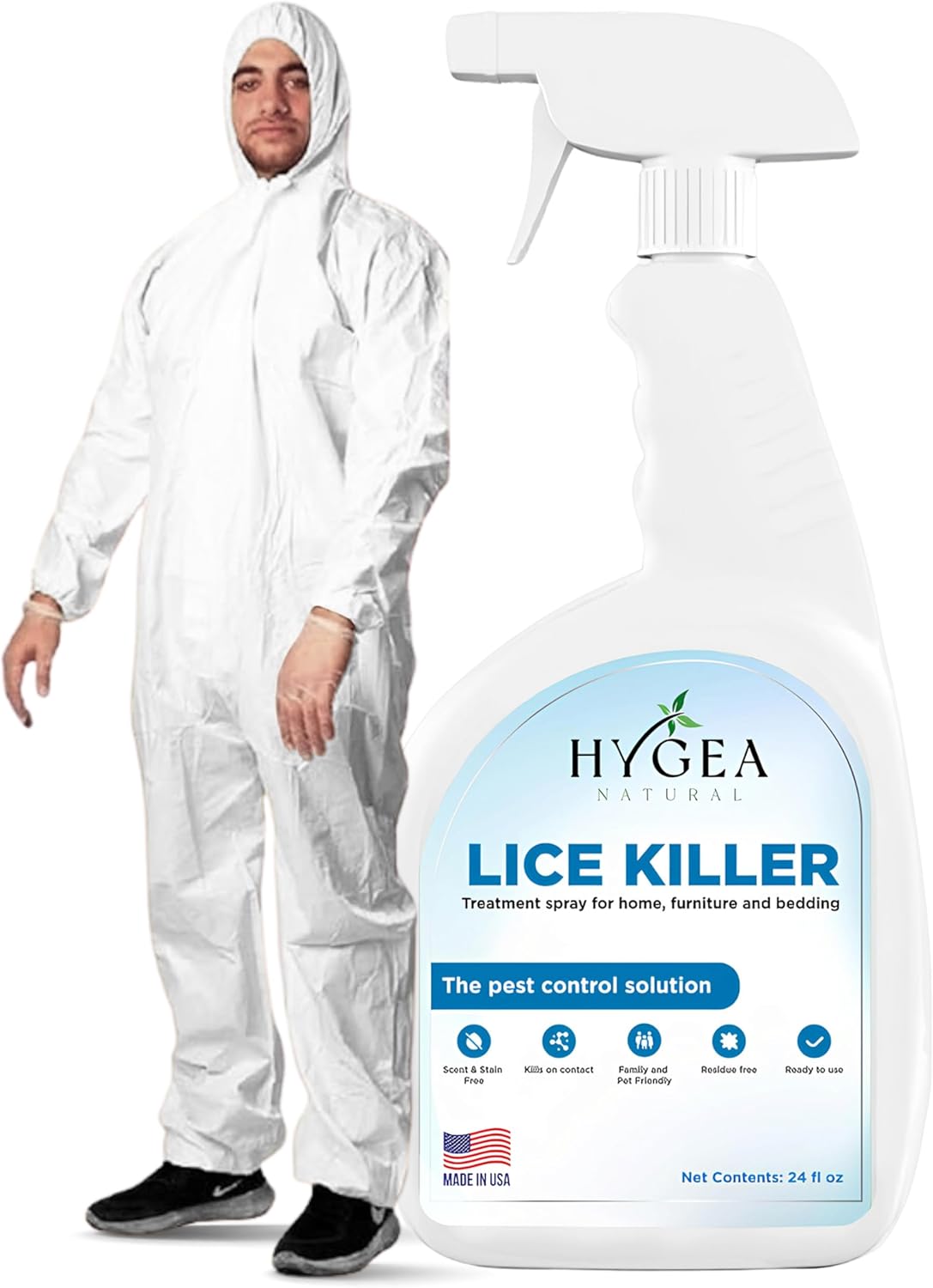 Hygea Natural Lice Spray for Home, Furniture, Bedding 24oz, Natural Treatment for Head Lice - Family Friendly and pet Safe + Disposable Coveralls to Protect Clothing (3X-Large) Bundle