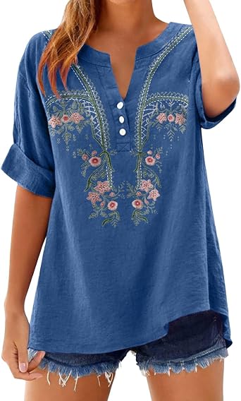 SHAOBGE Embroidered Cotton Linen Shirts for Women - Summer 3/4 Sleeve Dressy Casual Loose Blouses Gauze Boho Tunic Tops