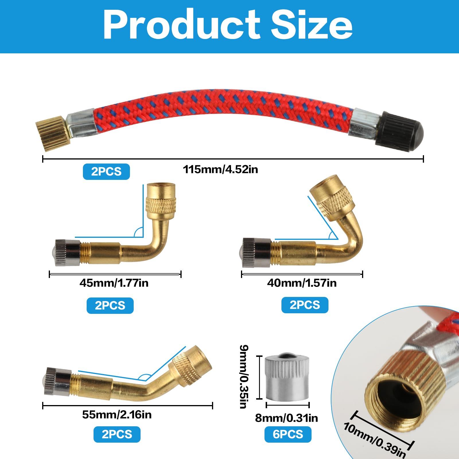 Set di 14 valvole per auto, 6 x 45° 90° 135° per valvola auto, adattatore per valvola angolare, 2 x 10 cm, 6 tappi in metallo, per auto, moto, bicicletta, scooter