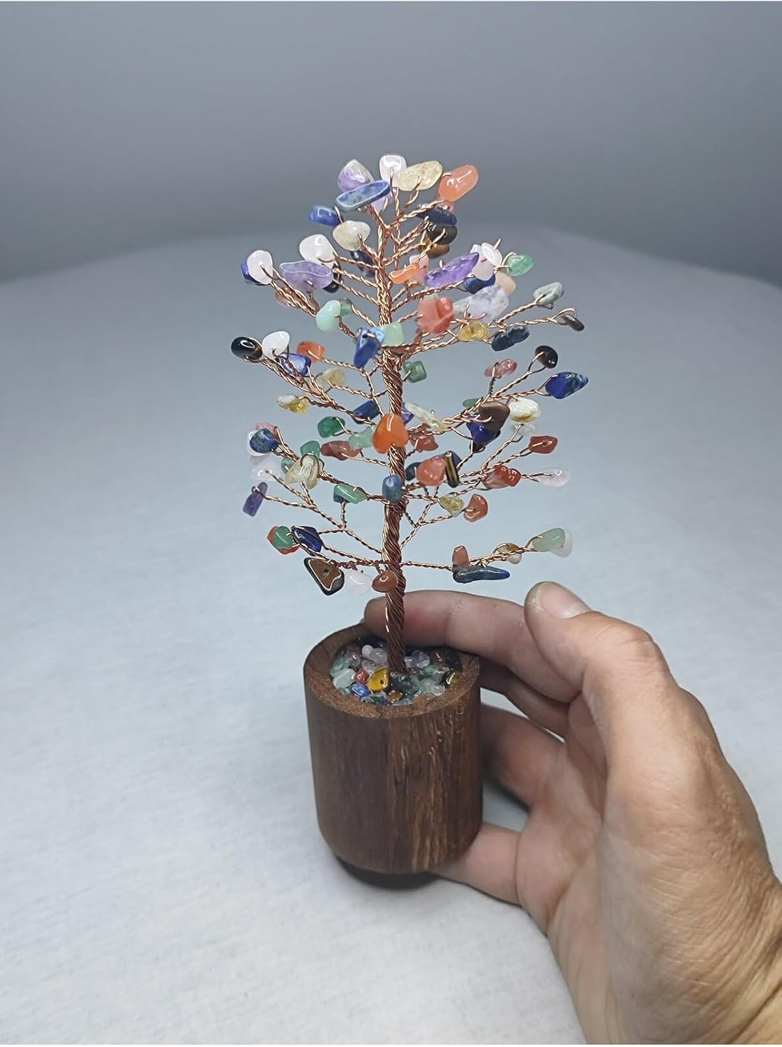 SODEF Tree of Life with Chakra Stones, Handmade Copper Wire Wrapped Tree Sculpture, Wooden Base, Energy Balancing Home Decor, Multicolor, One Size - Multicolor