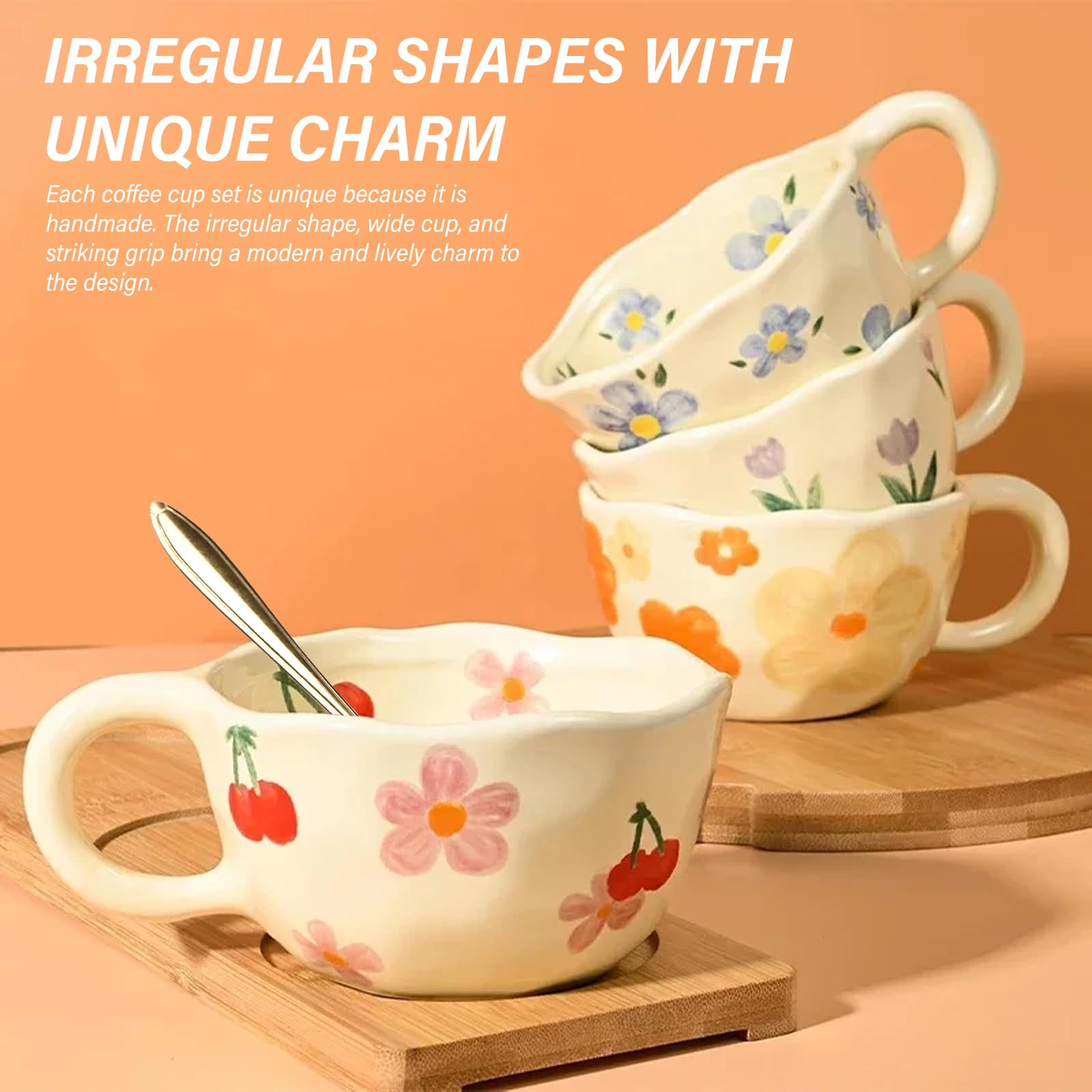 PORFOYO Set di 4 tazze in ceramica: 4 pezzi di tazza da tè in ceramica fatta a mano con fiore, tazza da caffè creativa estetica regalo di latte, tazze irregolari per la casa e l'ufficio (stampato)