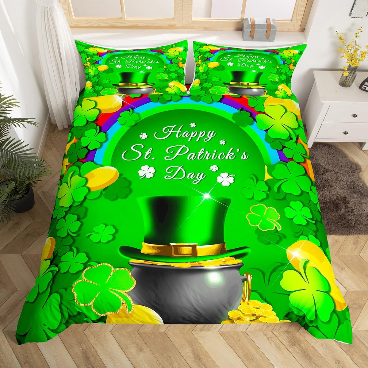 jejeloiu St.Patrick's Day Bedding Set King Size Lucky Clover Leaves Comforter Cover Set for Boys Girls Teens Rainbow Large Pot of Gold Duvet Cover Green Hat Bedspread Cover Room Decor