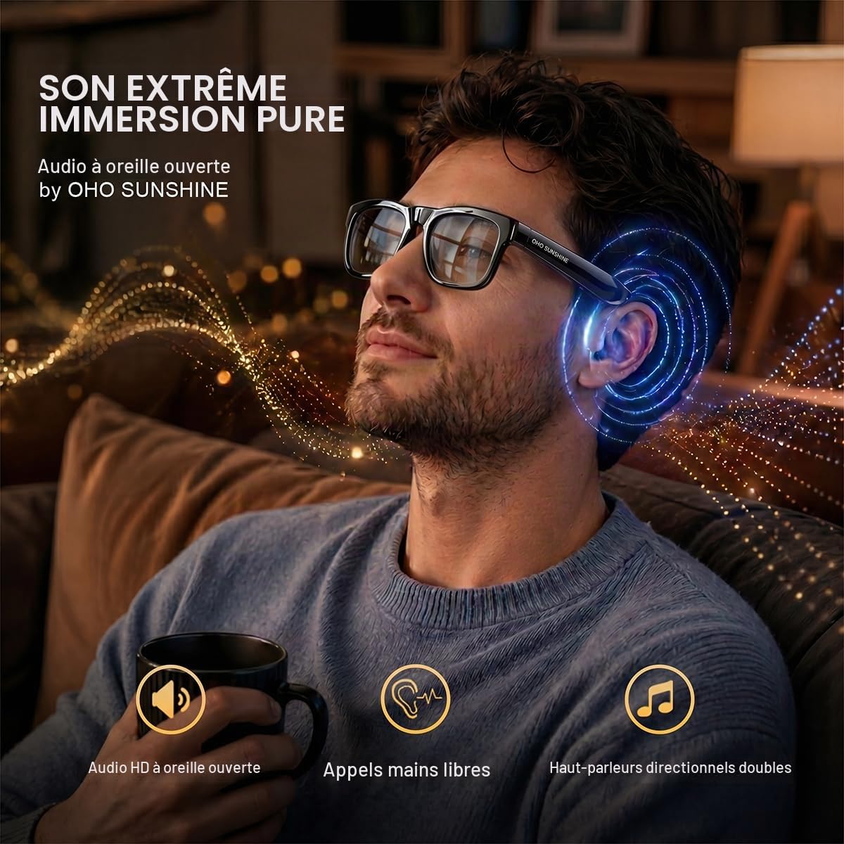 OhO Sunshsine Lunettes de soleil AI avec Bluetooth Audio avec 10 heures de lecture, traduction ChatGPT et lunettes à oreilles ouvertes résistantes à l'eau