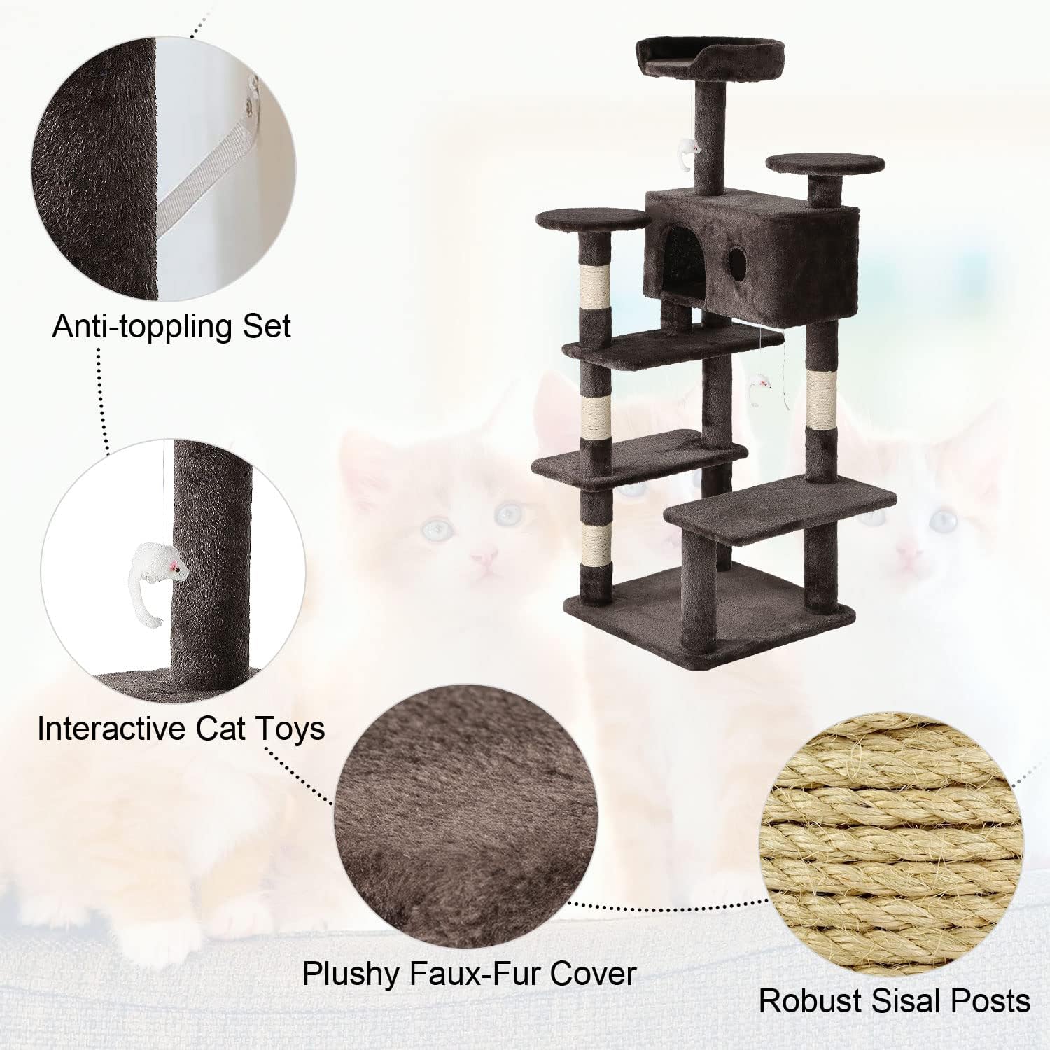 Close-up of cat tree features including anti-toppling set, interactive toys, plush cover, and sisal posts.