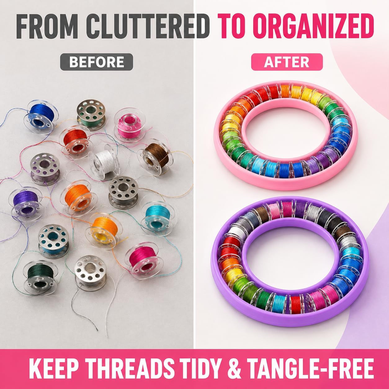 2PCS Round Bobbin Holders – Pink & Purple Round Sewing Thread Organizer Silicone Sewing Bobbin Keeper Rings Holder for Sewing Machine Metal or Plastic Handicraft Storage Case Tools Ring Keeper