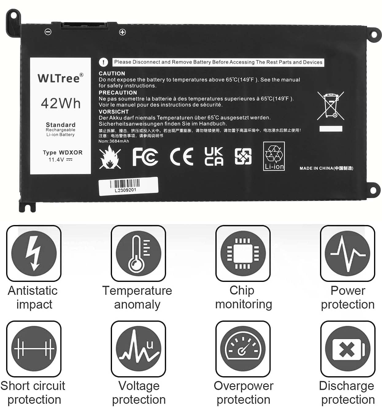 Batteria WDX0R per Portatile Dell Inspiron 13 5368 5378 5379 7368 7378 14 7460 15 5565 5567 5568 5578 7560 7570 7579 7569 17 5765 5767 5770 Latitude 3180 3189 3190 3480 3580 3379 3390 Battery