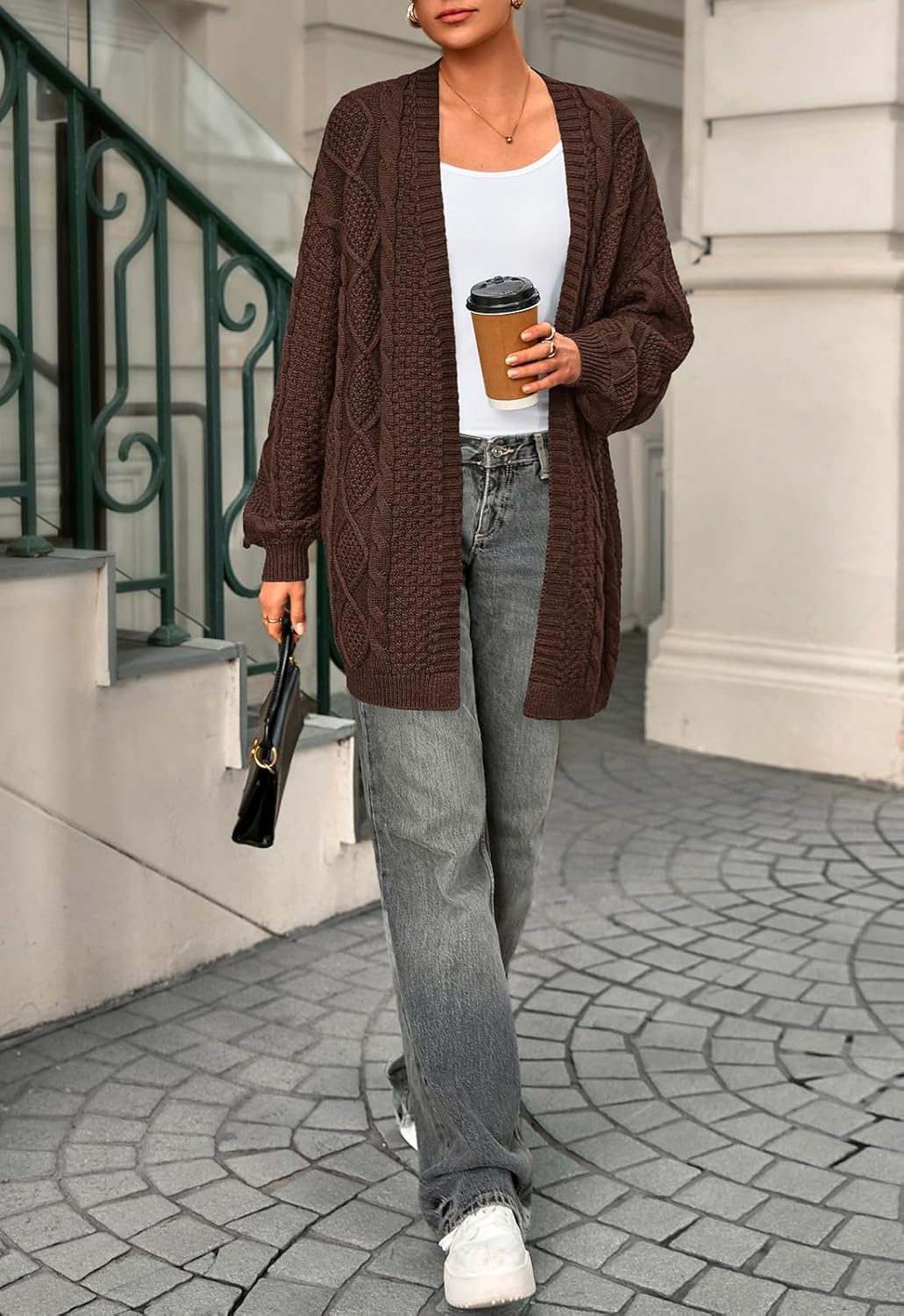 PRETTYGARDEN Women's Cable Knit Open Front Spring Sweater Lantern Long Sleeve Chunky Cardigan Sweaters Trendy Outerwear Coats - Image 6