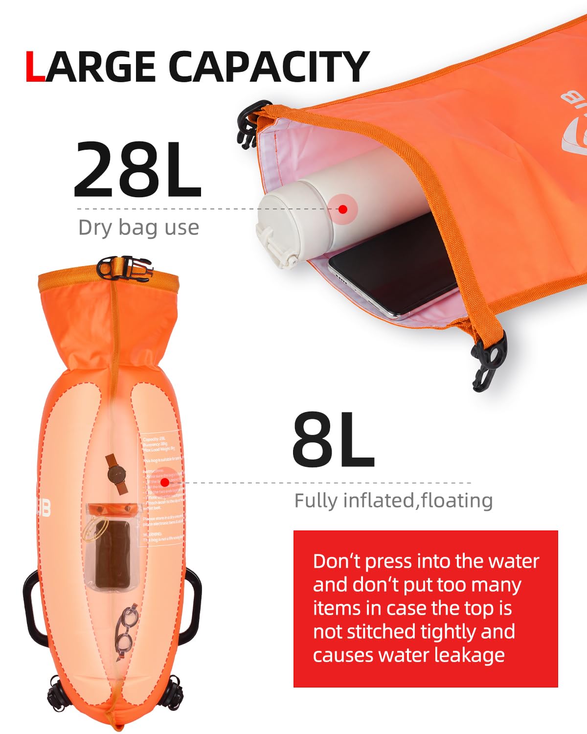 Abahub Boa galleggiante gonfiabile con sacca asciutta, 28 l, per nuotatori | Dry Bag impermeabile con fischietto di allarme, custodia per cellulare impermeabile, aiuto per il nuoto