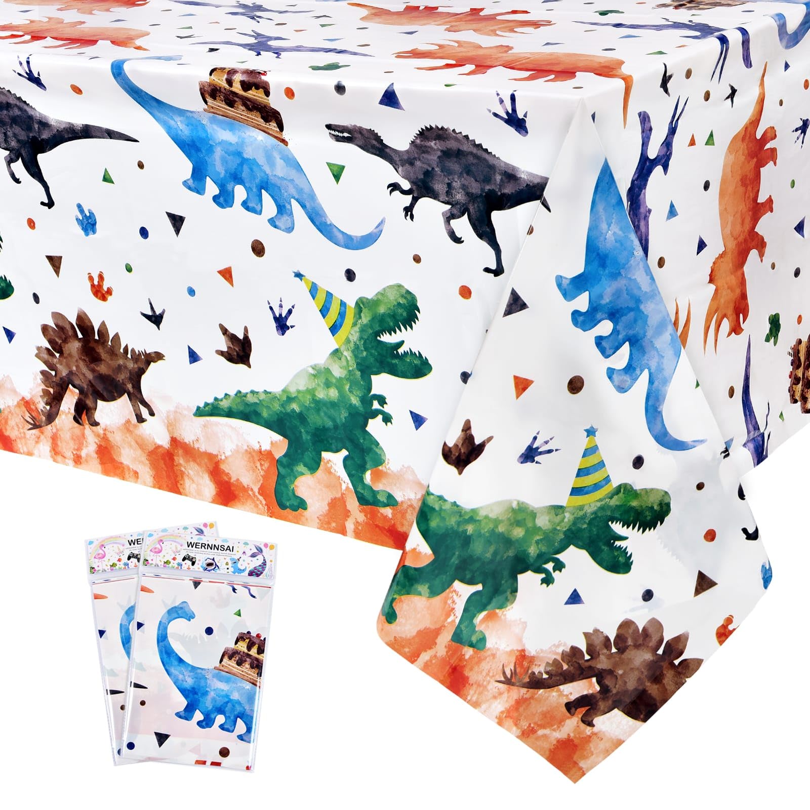 WERNNSAI Dinosaur Tablecloth - 2PCS 54''x108'' Watercolor Dino Table Cloth Dinosaur Birthday Decorations Three Rex Table Cover for Kids Boys Baby Shower Birthday Supplies