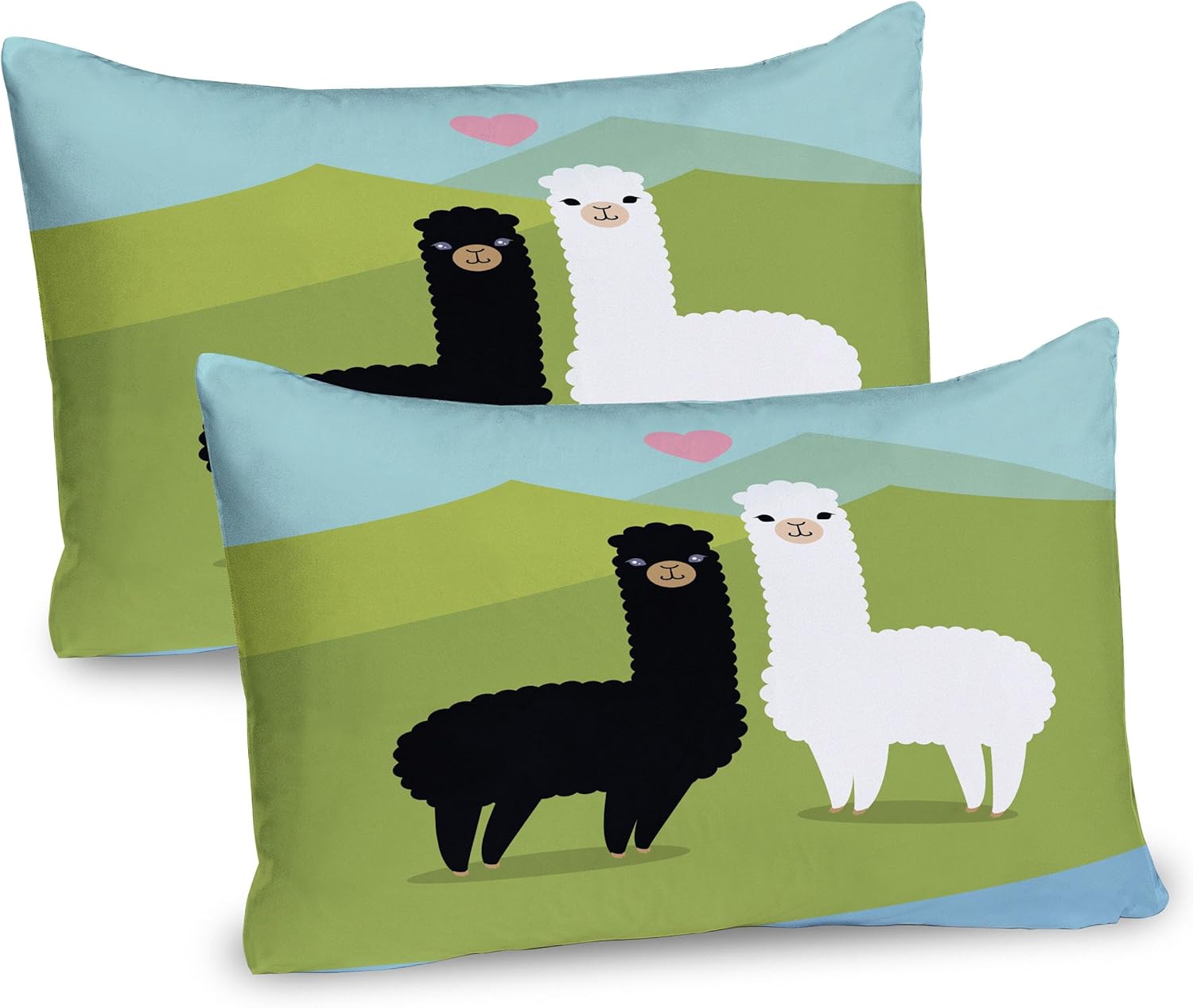 Ambesonne Llama Pillow Sham Set of 2, Alpacas in Love at The Mountains Argentina Fauna Animals Contrasting Colors, Quality Microfiber Bedding Item for All Seasons, 26" x 20", Green Blue