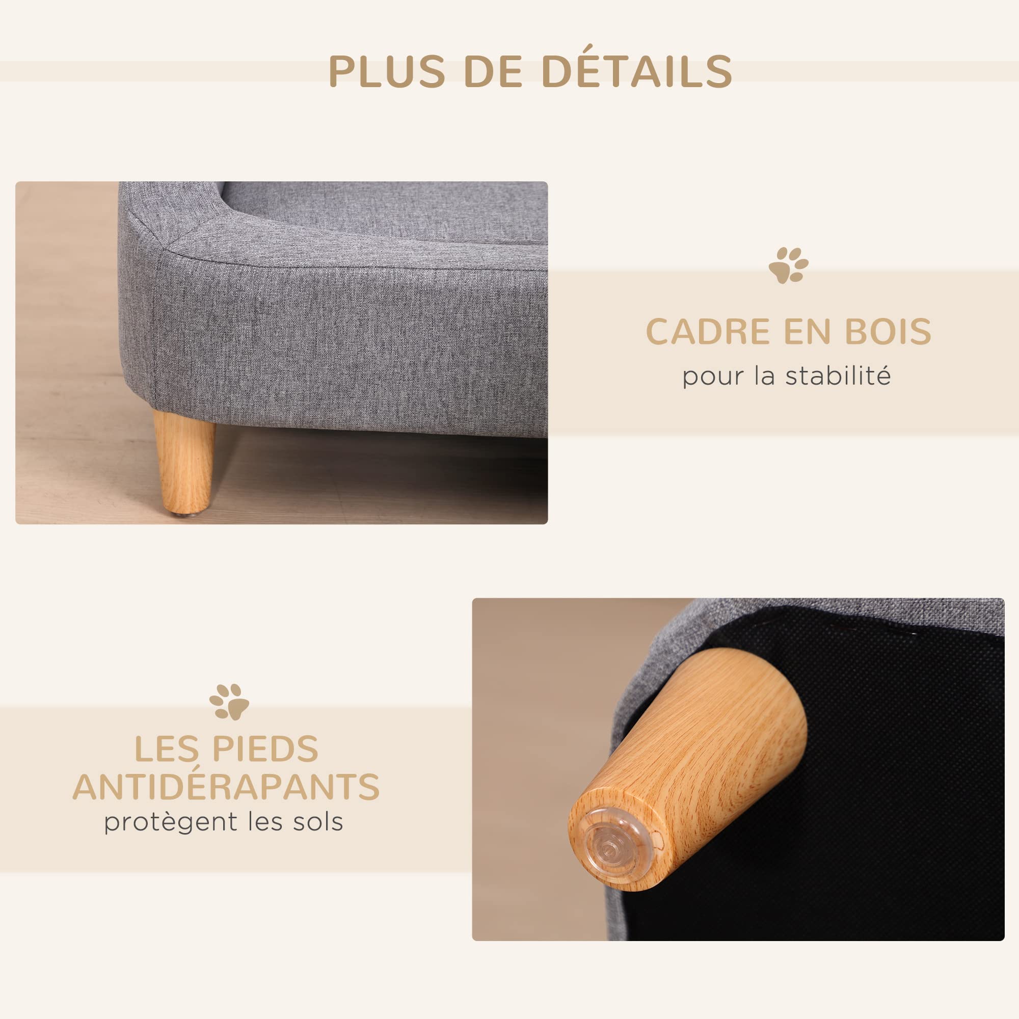 PawHut Canapé pour Chien lit pour Chien Animal Domestique Style scandinave Pieds en Bois revêtement Tissu déhoussable 75 x 55 x 39 cm - Gris