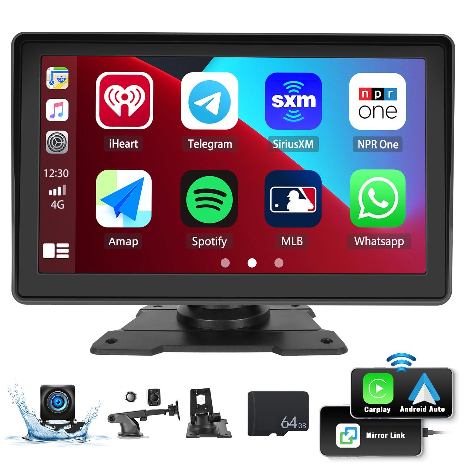 CAMECHO Wireless Carplay Android Auto Portable Car Radio, 7 Inch HD TouchScreen Carplay Screen with Bluetooth Mirror Link GPS Sat Nav FM Transmitter AUX, USB, SD, Type-C +AHD Rear Camera +64G TF Card