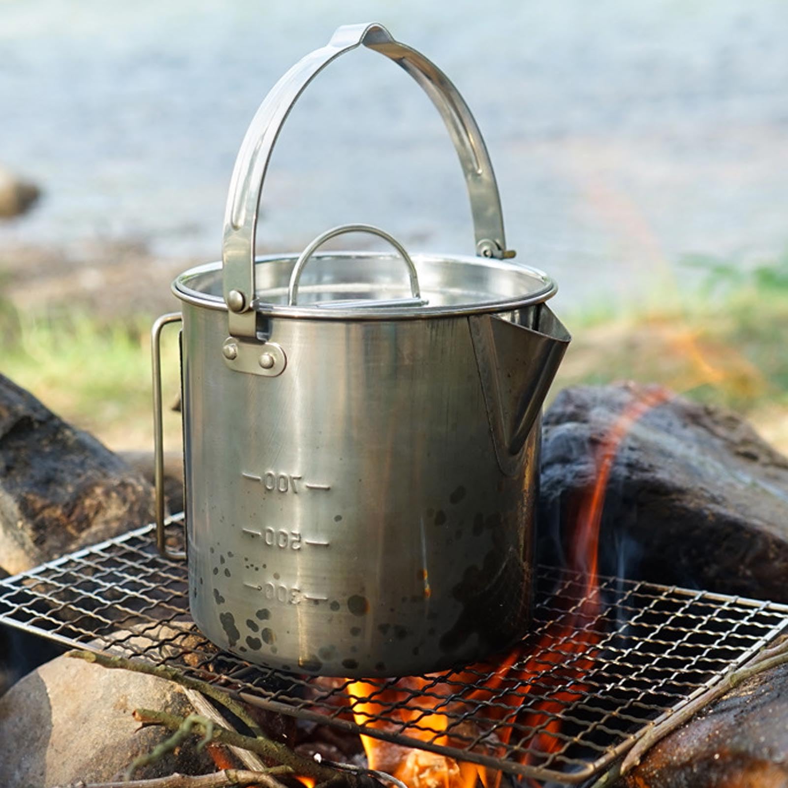Asixxsix 1.2L Camping Stovetop Pot, Stainless Steel Portable Camping Coffee Pot Tea Kettle, Double Layer Campfire Kettle for Outdoor Hiking Picnic Backpacking and Traveling