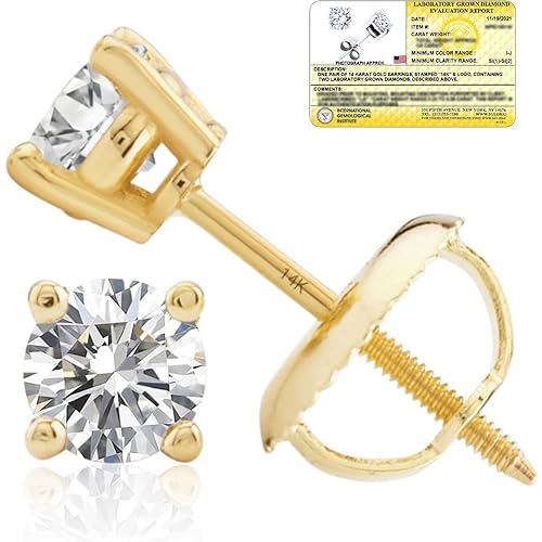 1/4-2 Carat IGI Certified Lab Grown Diamond Stud Earrings | Solitaire Real Diamonds Earring for Women in I-J Color & SI1-SI2 Clarity | 14K Gold Diamond Studs with Secure Backs by MAX + STONE