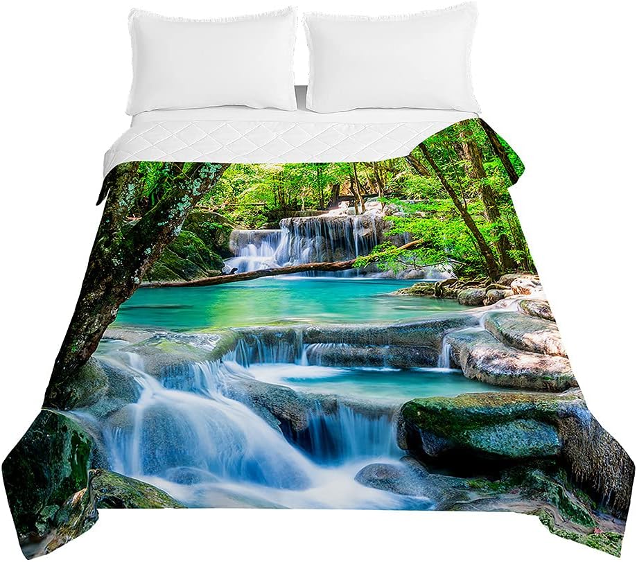 Embossed Quilted Bedspreads Single Double Super King Bed, 3D Landscape Print Bedspread Quilt Bed Throws Blanket Lightweight Coverlet Microfiber All Season Comforter (Forest creek,230x280cm)