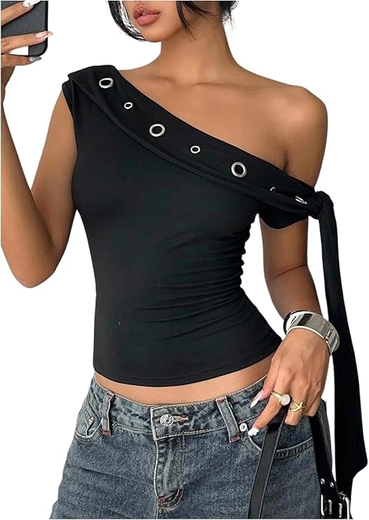 SweatyRocks Women's Y2K One Off The Shoulder Tops Punk Tie Knot Going Out Crop Tank Top