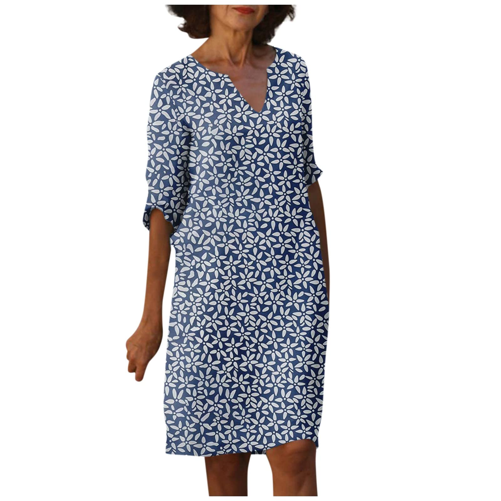 Sommerkleid Damen Leicht Knielang A Linien Kleid Damen Sommer Elegant Baumwolle Leinen Kleider Frauen mit Ärmel Blumen Leinenkleider V Ausschnitt Damenkleider Halbarm Locker Blumenkleid