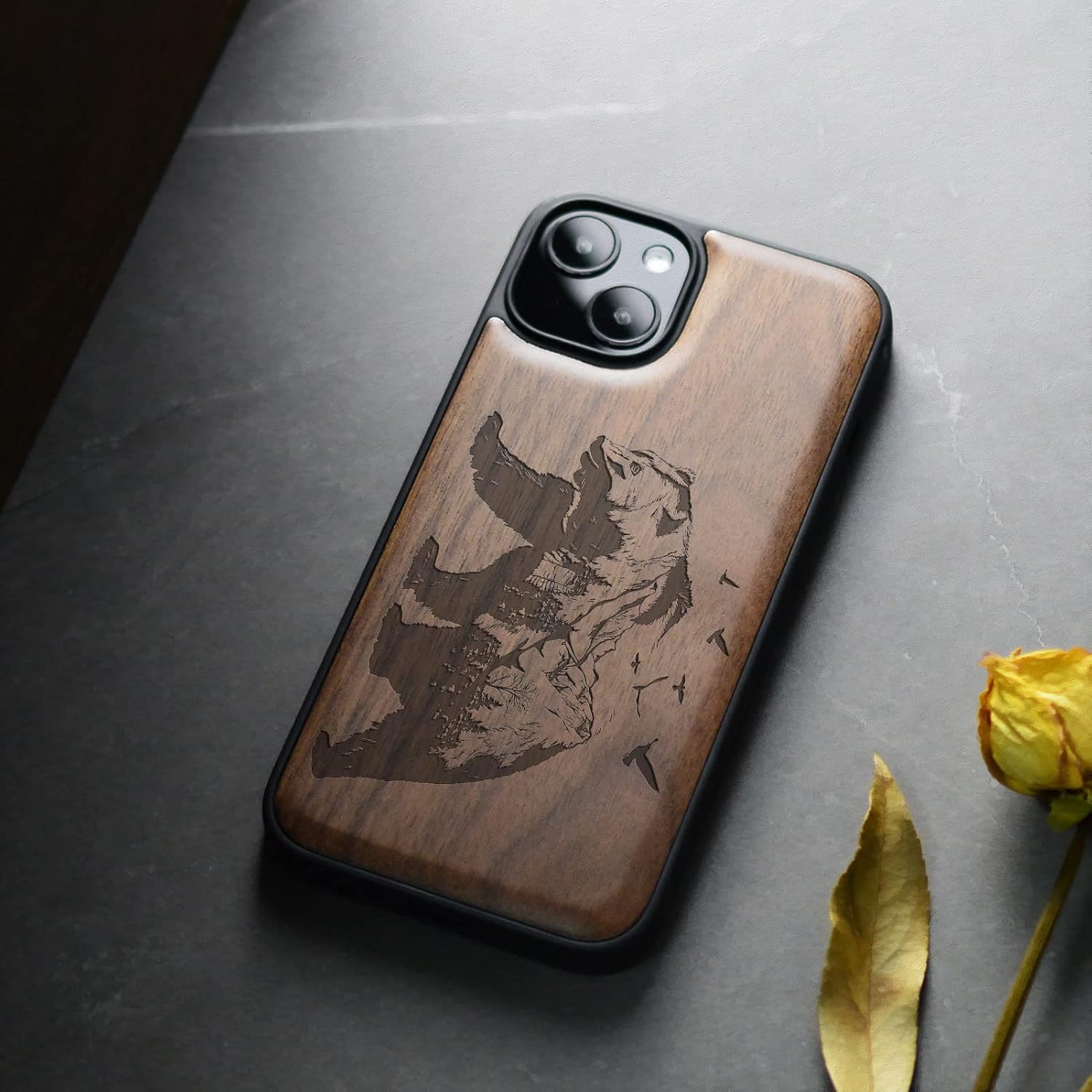 Carveit Magnetic Wood Case for iPhone 13 Case [Natural Wood & Black Soft TPU] Unique & Classy Wooden Shockproof Protective Cover Compatible with magsafe (Bear -Walnut)