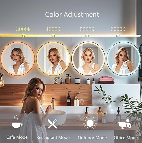 Miniatura 2 de Espejo redondo de baño de 24 pulgadas para montar en la pared con luces LED, espejos de tocador con marco (24 x 24 pulgadas, negro)