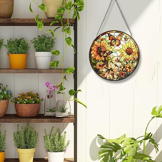 Sunflower Stained Glass Suncatcher, Handmade Window Hanging Decor, Vibrant Flower Sun Catcher for Home Garden, Christmas Birthday Gift for Women Mom Grandma
