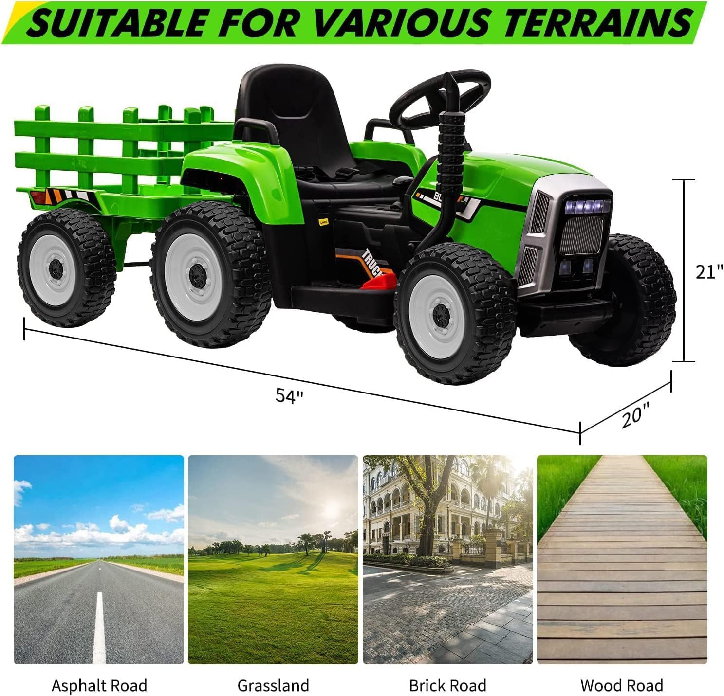 Nasitip 12V Battery Powered Electric Tractor with Trailer, Toddler Ride On Car w/Remote Control/ 7-LED Headlights/ 2+1 Gear Shift/ MP3 Player/USB Port for Kids 3-6 Years (Green, 35W/ EVA Tire)