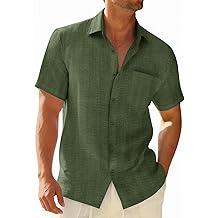 Mens Button Down Shirts Casual Short Sleeve Shirt Textured Linen Summer Beach Tops with Pocket