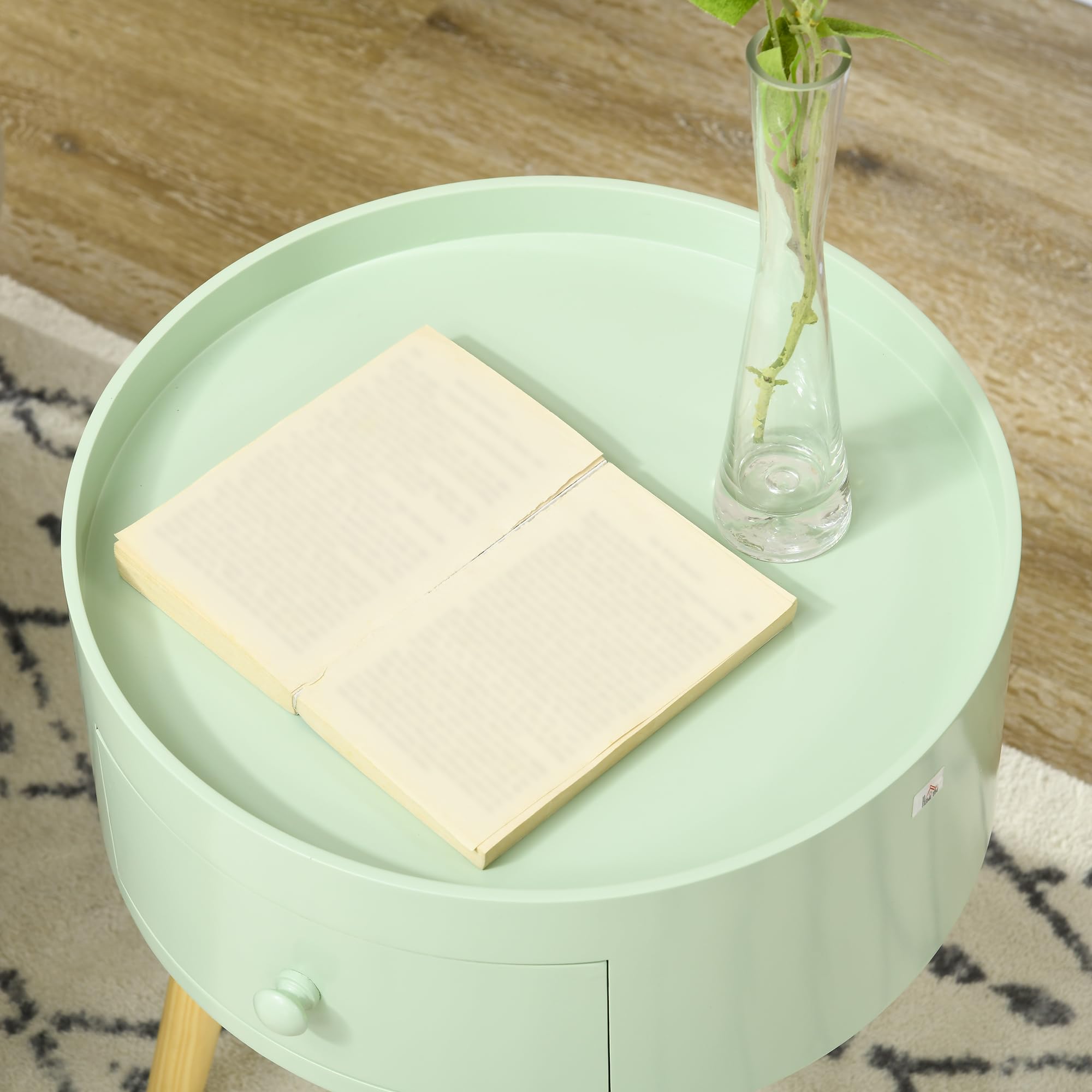 HOMCOM Tavolino da caffè - Tavolino rotondo con cassetto, Verde | Design scandinavo, tavolino da salotto, gambe affusolate e angolate, legno massello