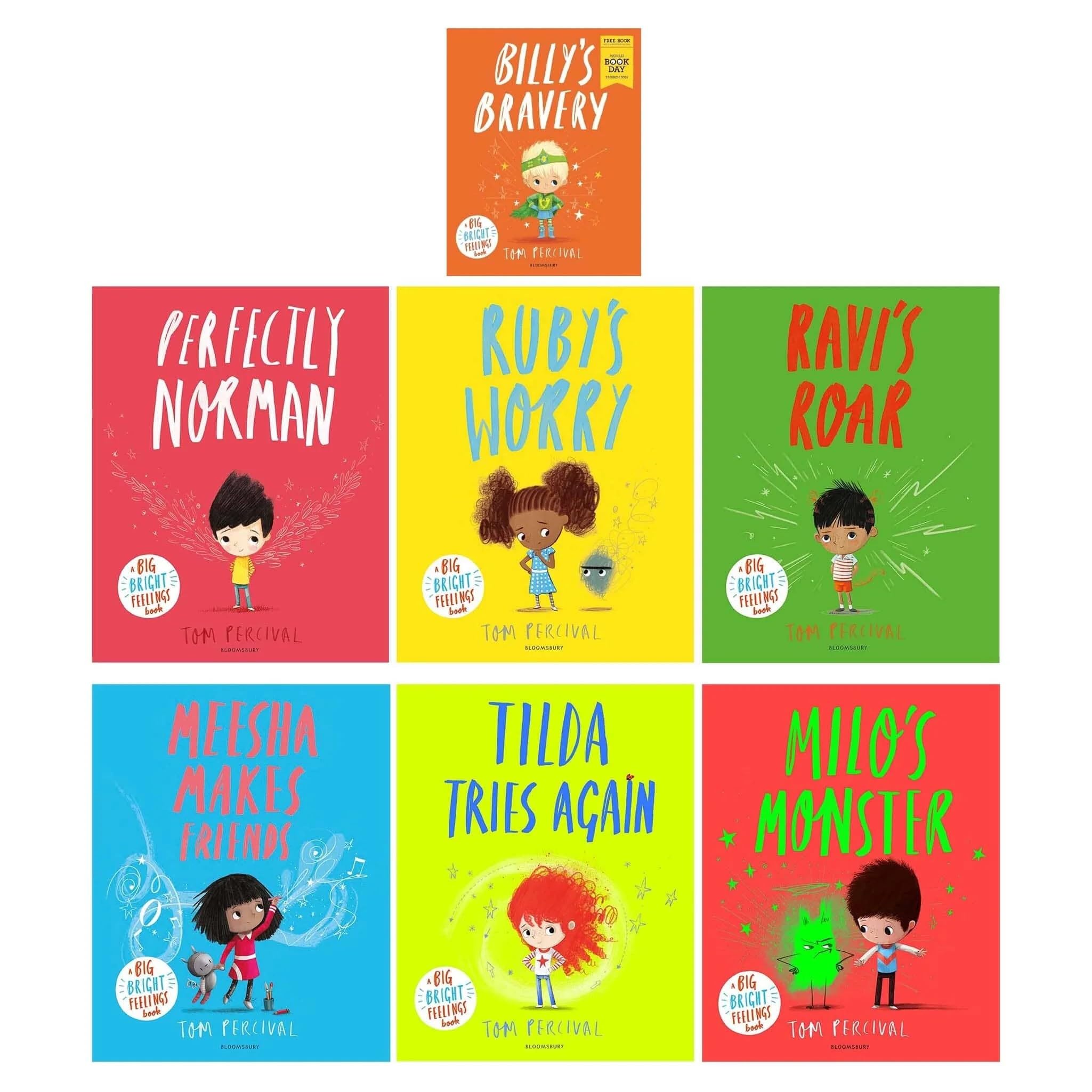 Tom Percival Big Bright Feelings Collection 7 Books Set Including World Book Day Billy's Bravery, Perfectly Norman, Ruby's Worry, Ravi's Roar, Meesha Makes Friends, Tilda Tries Again & Milo's Monster Paperback – 1 Jan. 2023