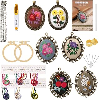 Pllieay 6 Set Embroidery Pendant Kit with Instructions, Embroidered Pendant Necklace with Needle Thread for DIY Art Crafts...