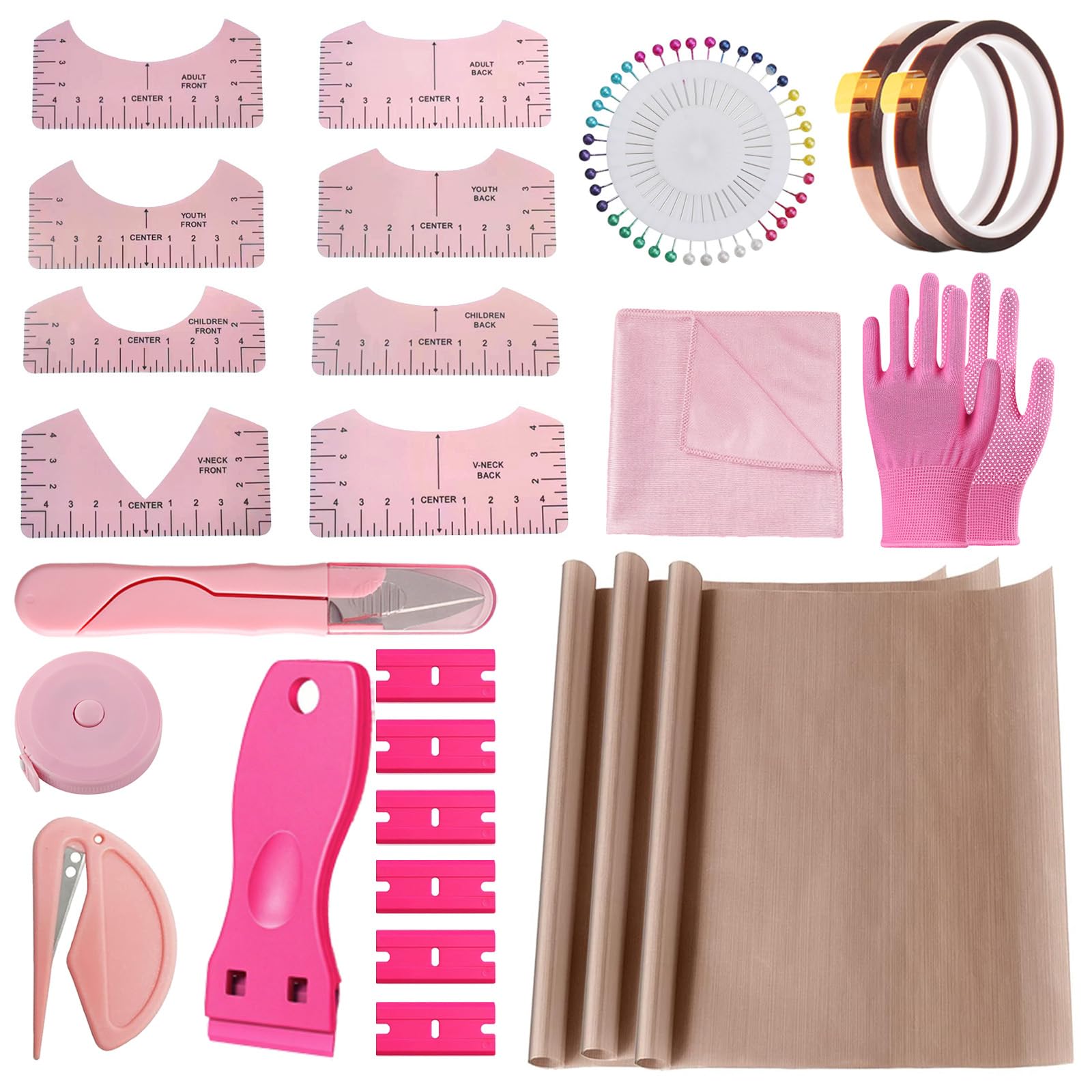 Moalaok - Kit de herramientas para sublimación de camisetas (65 unidades), color rosa, con 8 reglas para prensas térmicas, láminas de teflón de 12 x 16 pulgadas para rodillos, cinta resistente al calor y guantes resistentes al calor.
