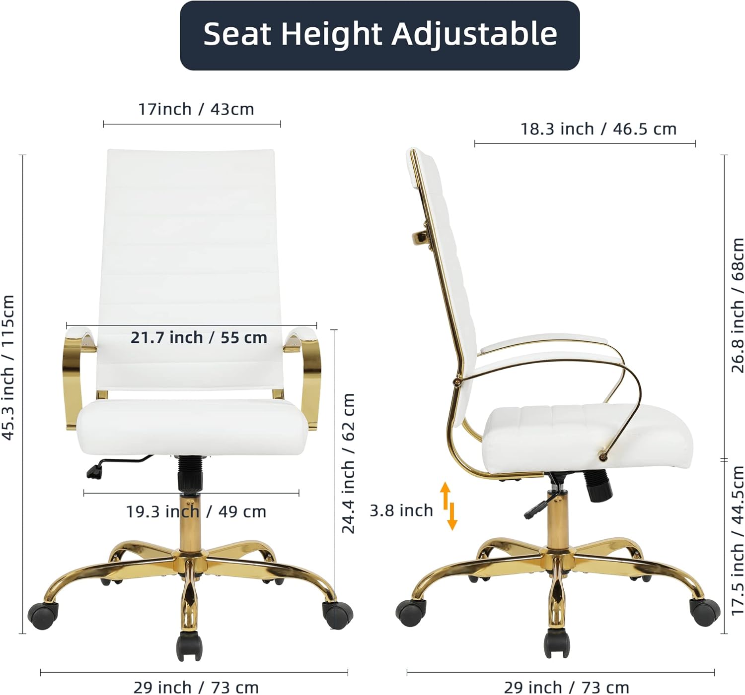 LANDSUN Home Office Chair High Back Executive Chair Ribbed PU Leather Computer Desk Chair with Armrests Soft Padded Adjustable Height Swivel Conference Gold Frame White