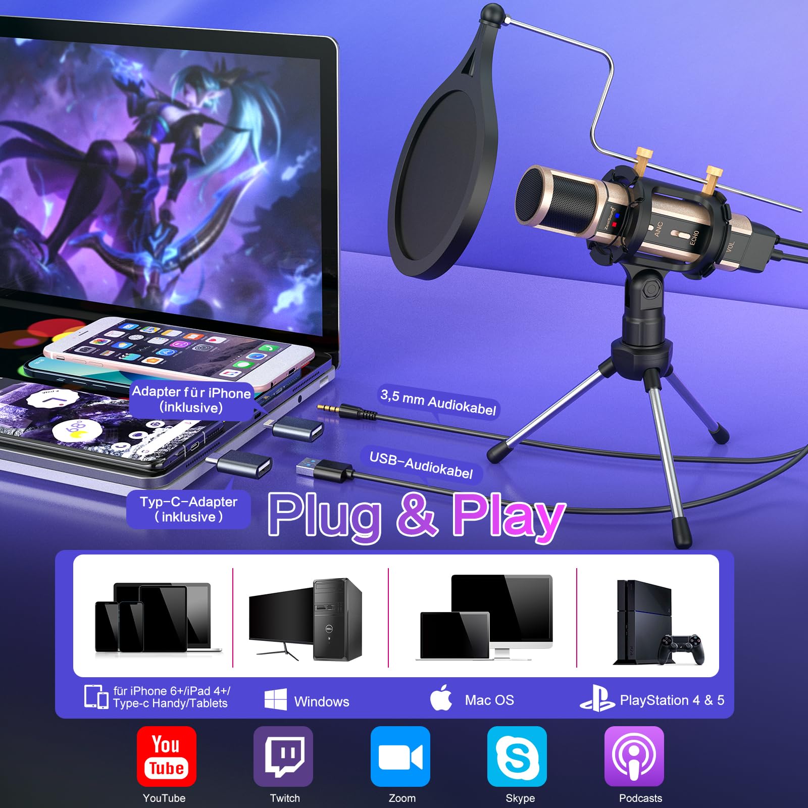 zealsound Mini USB Kondensator Mikrofon für PC Mac & Handy, Kompakt Tischmikrofon mit Rauschunterdrückung & Eingebauter Hall, Plug und Play für Aufnahmen, Streaming, Gaming, Live Stream, k08