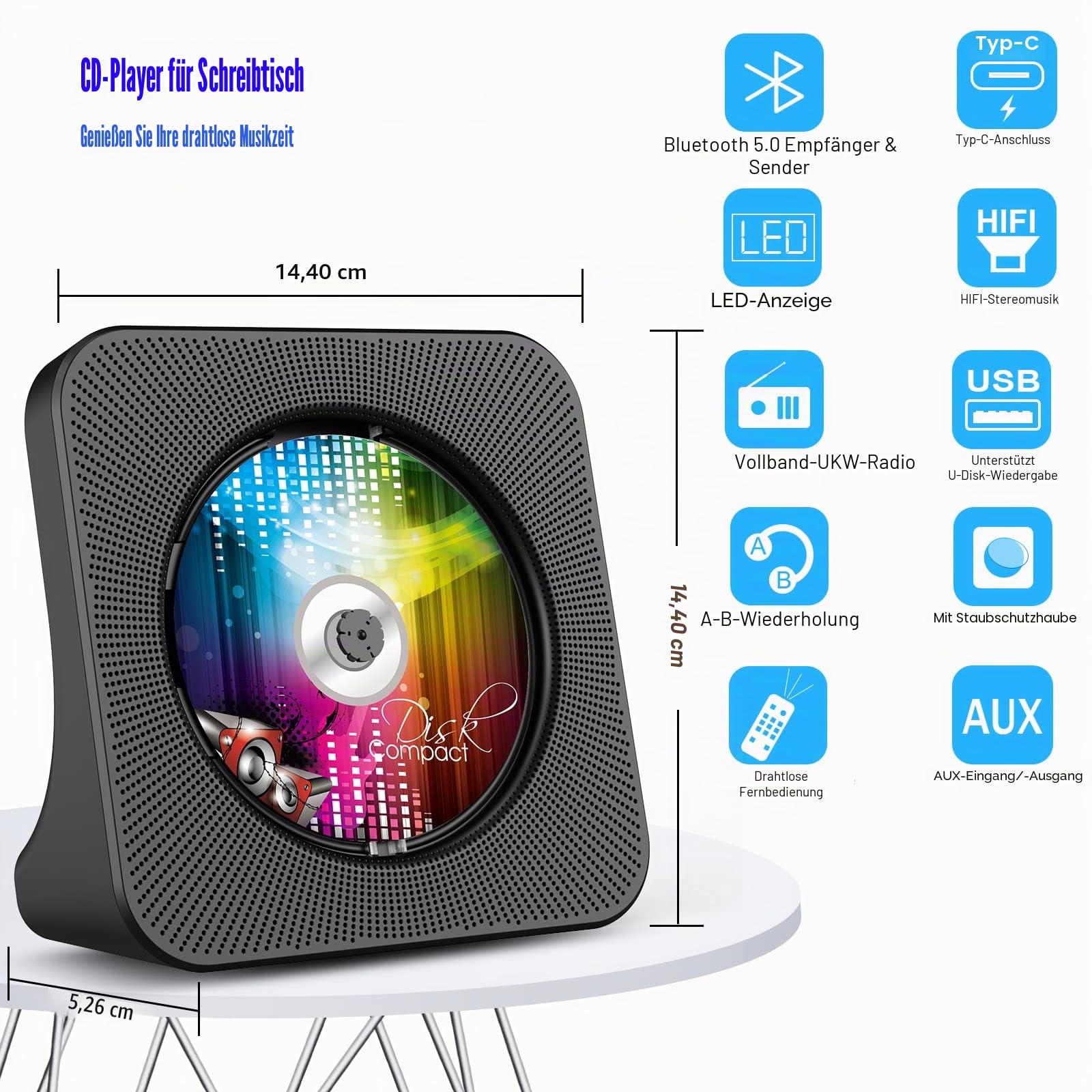 Gueray Tragbarer CD-Player, Bluetooth CD Kpop Player für Desktop mit HiFi-Sound-Lautsprecher, niedlicher FM-Radio-CD-Musik-Player für Zuhause mit Fernbedienung, Staubschutz, LED-Bildschirm