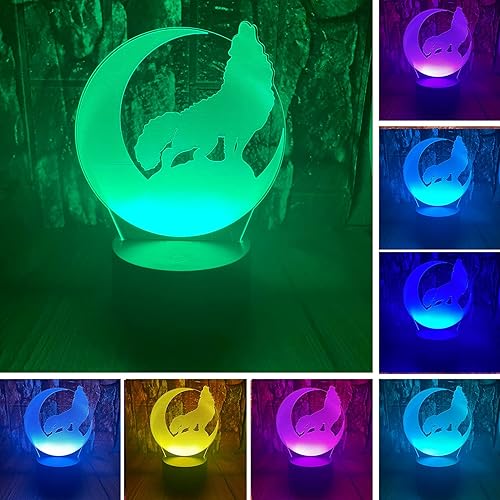 Miniatura 2 de Figura de animé de animales de dibujos animados de luna y lobo 3D con ilusión óptica LED para dormitorio, lámpara de mesa con control remoto, 7