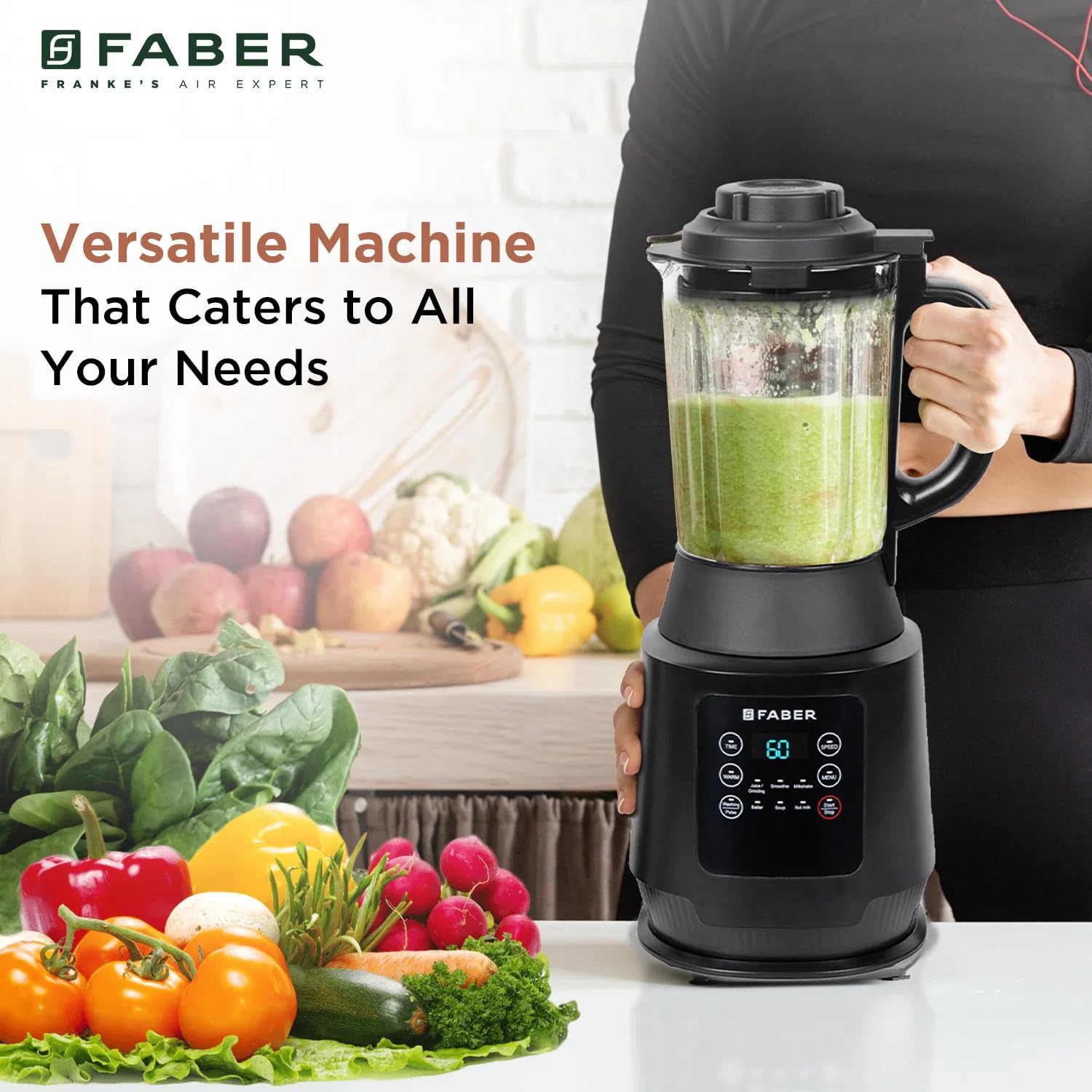 Faber Power Blender preparing various food items like soups, baby food, porridges, smoothies, juices, and dips