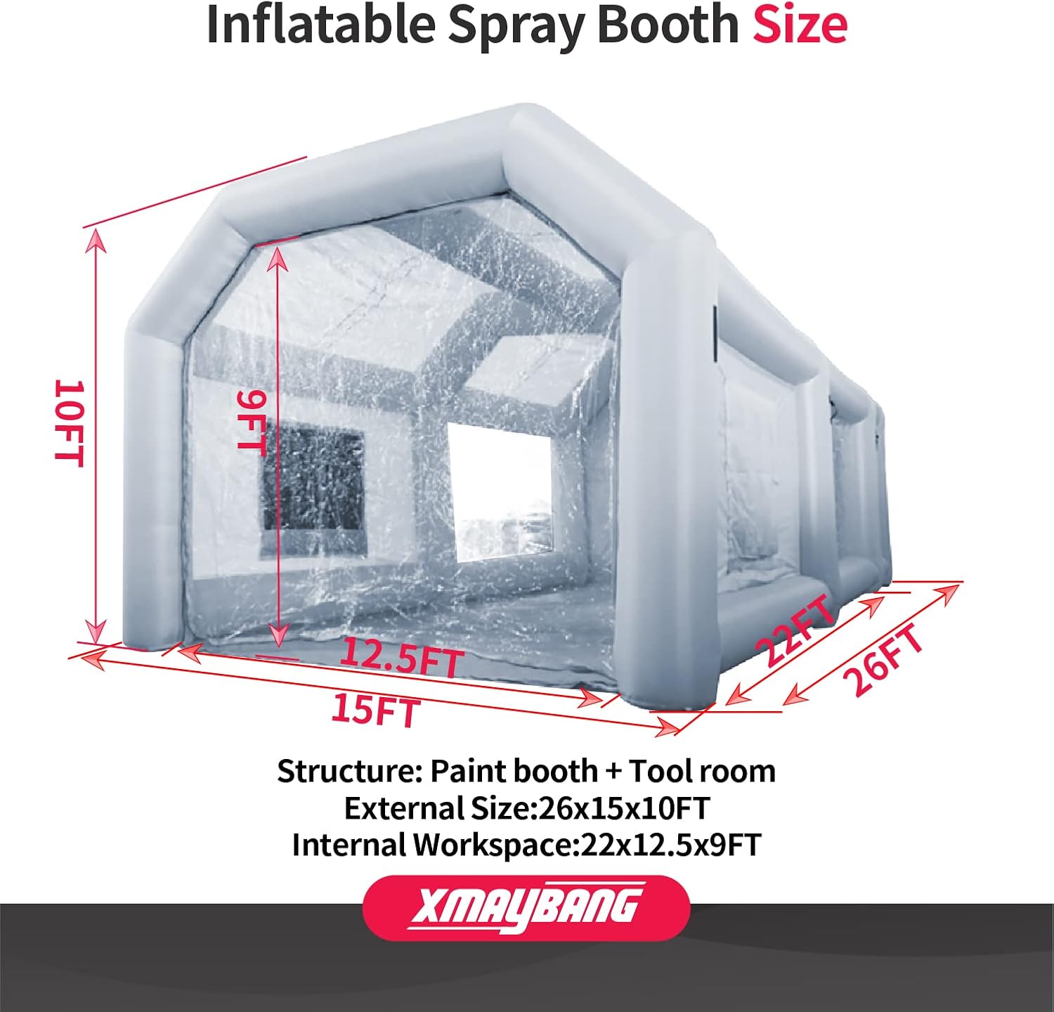 Xmaybang Inflatable Spray Booth 26x15x10ft,Portable Auto Paint Booth with Filtration System,Suitable for Small Cars, Outdoor Tents, Medical Aids, Auto Parts, Etc,Blower Not Included